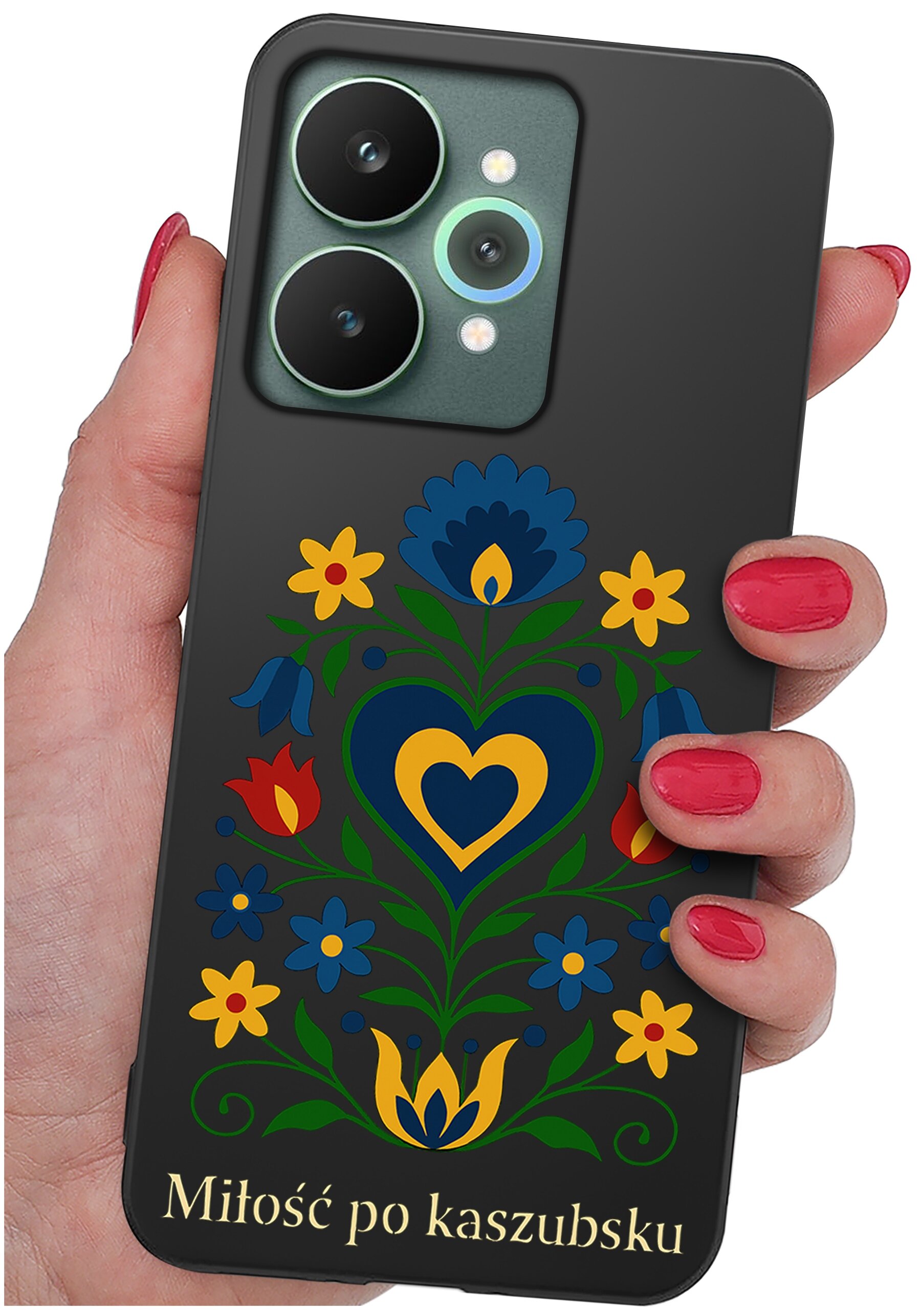 Etui na telefon z kolorowym, ludowym wzorem kwiatowym oraz napisem \'Miłość po kaszubsku\'.