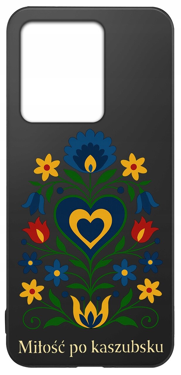 Czarne etui z kolorowym, ludowym wzorem kwiatowym i napisem \'Miłość po kaszubsku\' na dole.