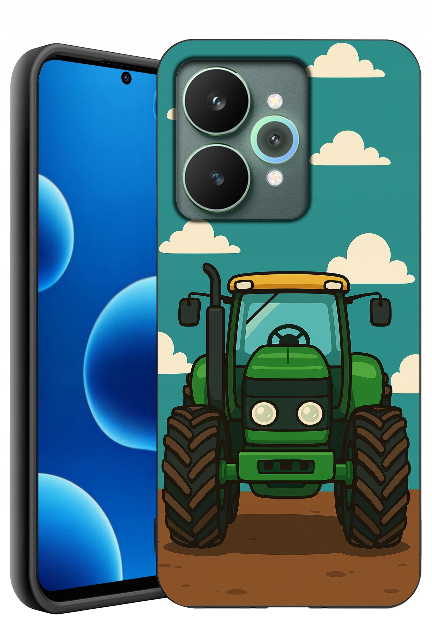 Etui na telefon z nadrukiem zielonego traktora na tle nieba z chmurami. Obok widoczny jest telefon z wyświetlaczem pokazującym niebieskie okręgi.