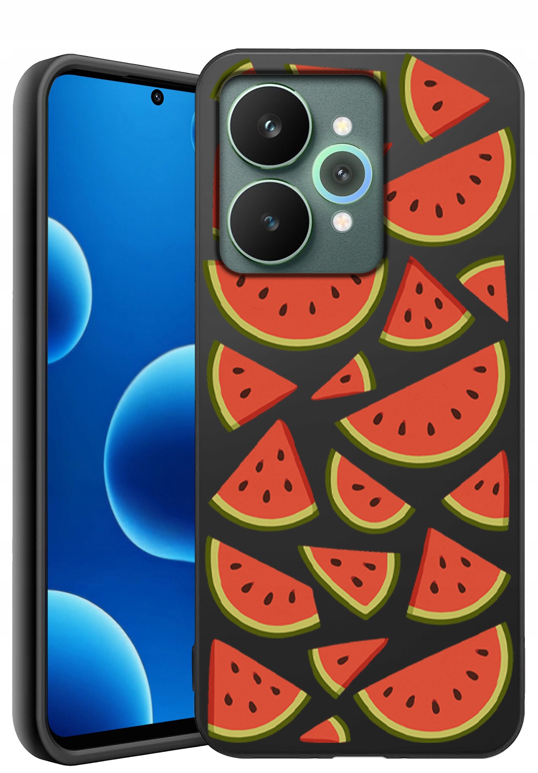 Etui na telefon z wzorem przedstawiającym kawałki arbuza na ciemnym tle. Telefon ma ekran z niebieskimi okręgami i aparat z trzema obiektywami.