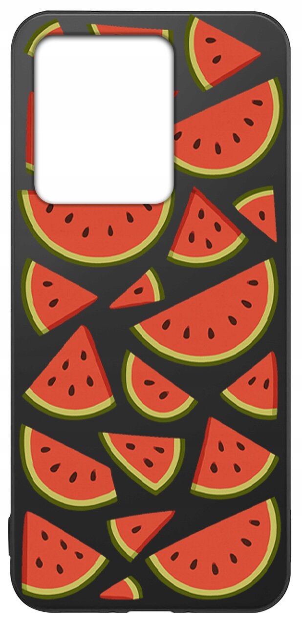 Etui na telefon z wzorem czerwonych kawałków arbuza na czarnym tle. W górnej części znajduje się duży otwór na aparat.