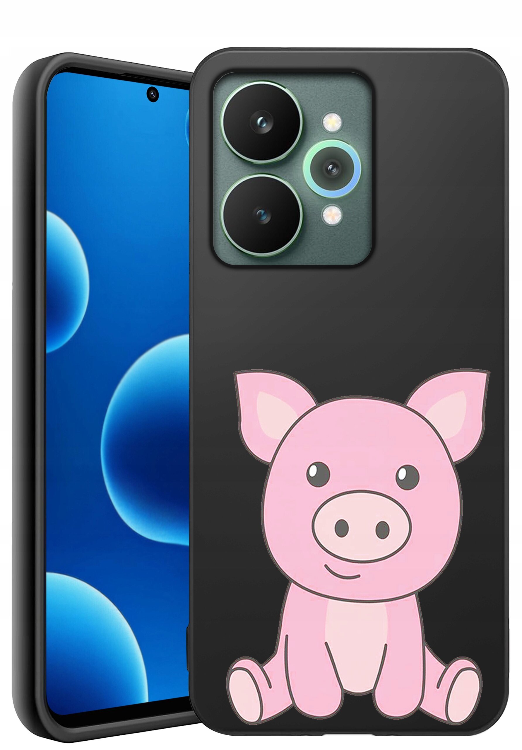 Na obrazie widoczne jest czarne etui na telefon z nadrukiem różowej świnki. W tle znajduje się telefon z niebieskim ekranem i widocznym aparatem fotograficznym.