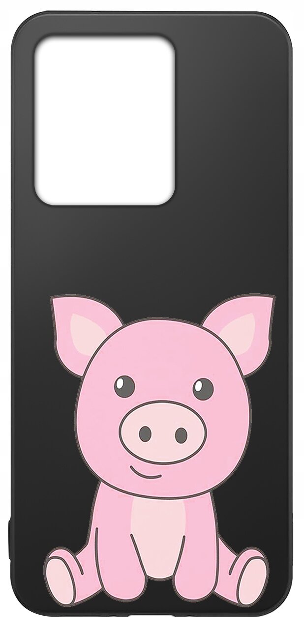 Czarne etui na telefon z wycięciem na aparat, ozdobione rysunkiem różowej świnki siedzącej z przodu.