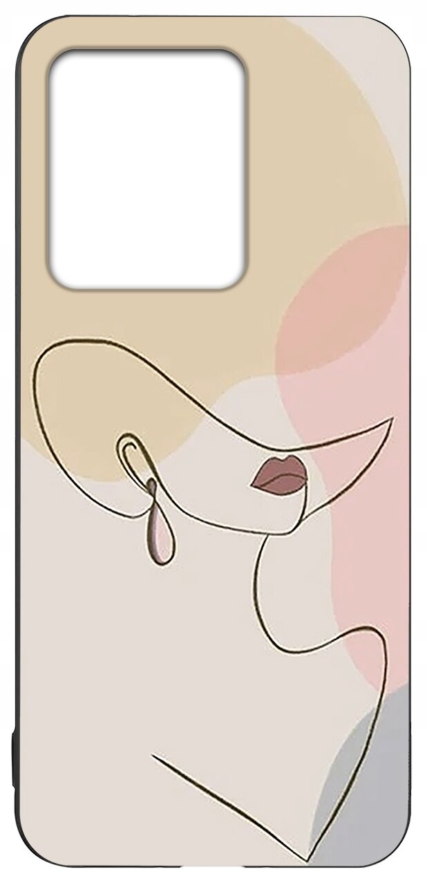Etui na telefon z abstrakcyjnym wzorem przedstawiającym zarys twarzy w minimalistycznym stylu, z dominującymi kolorami beżu, różu i brzoskwini. W górnej części znajduje się duży otwór na aparat.