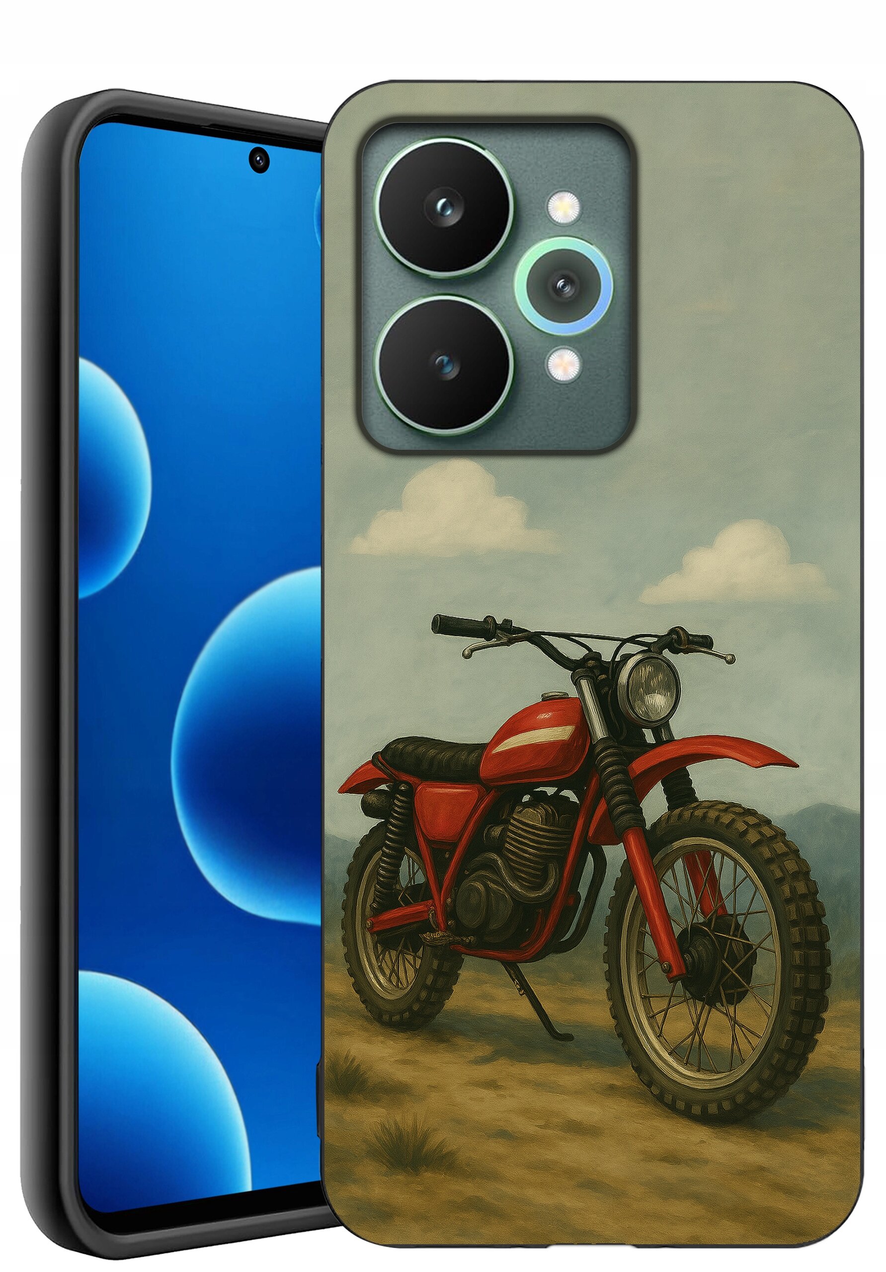 Etui na telefon z nadrukiem czerwonego motocykla na tle nieba z chmurami. Obok widoczny jest telefon z wyświetlaczem pokazującym niebieskie okręgi.