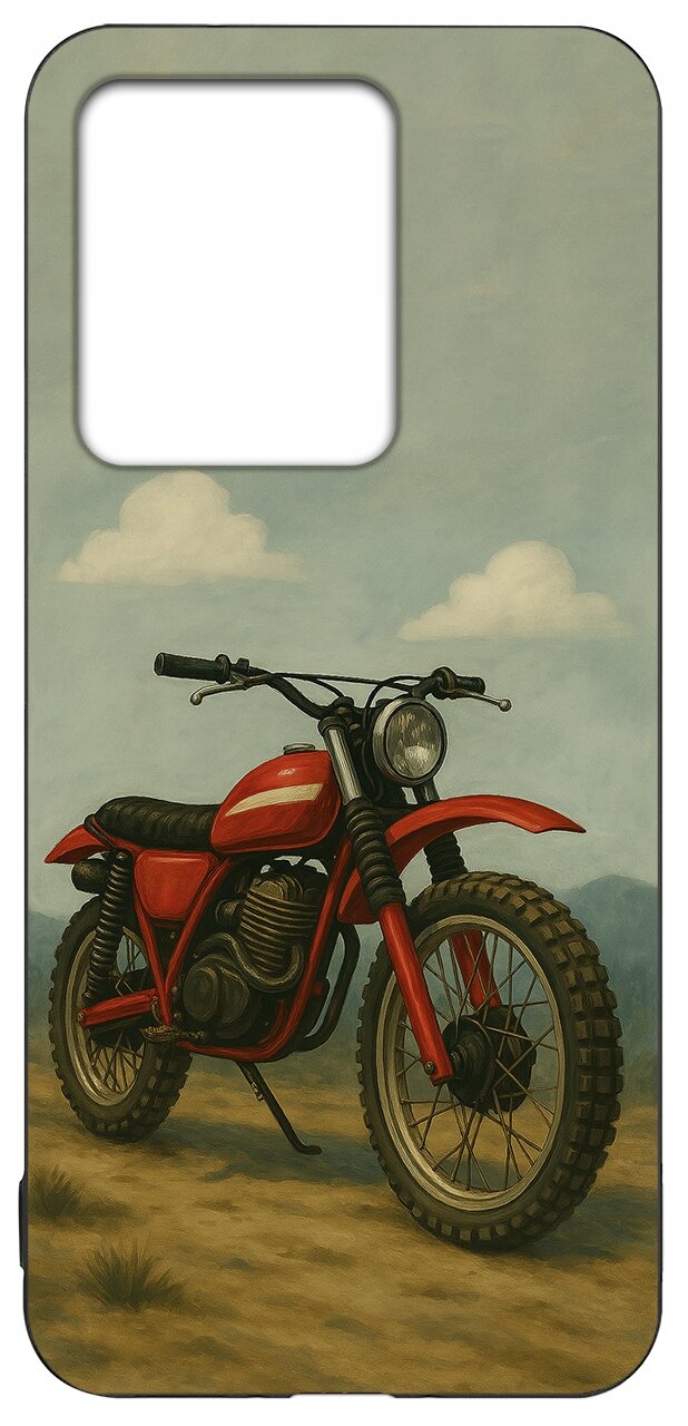 Etui z nadrukiem motocykla terenowego na tle nieba z chmurami. Etui ma wycięcie na aparat w górnej części.