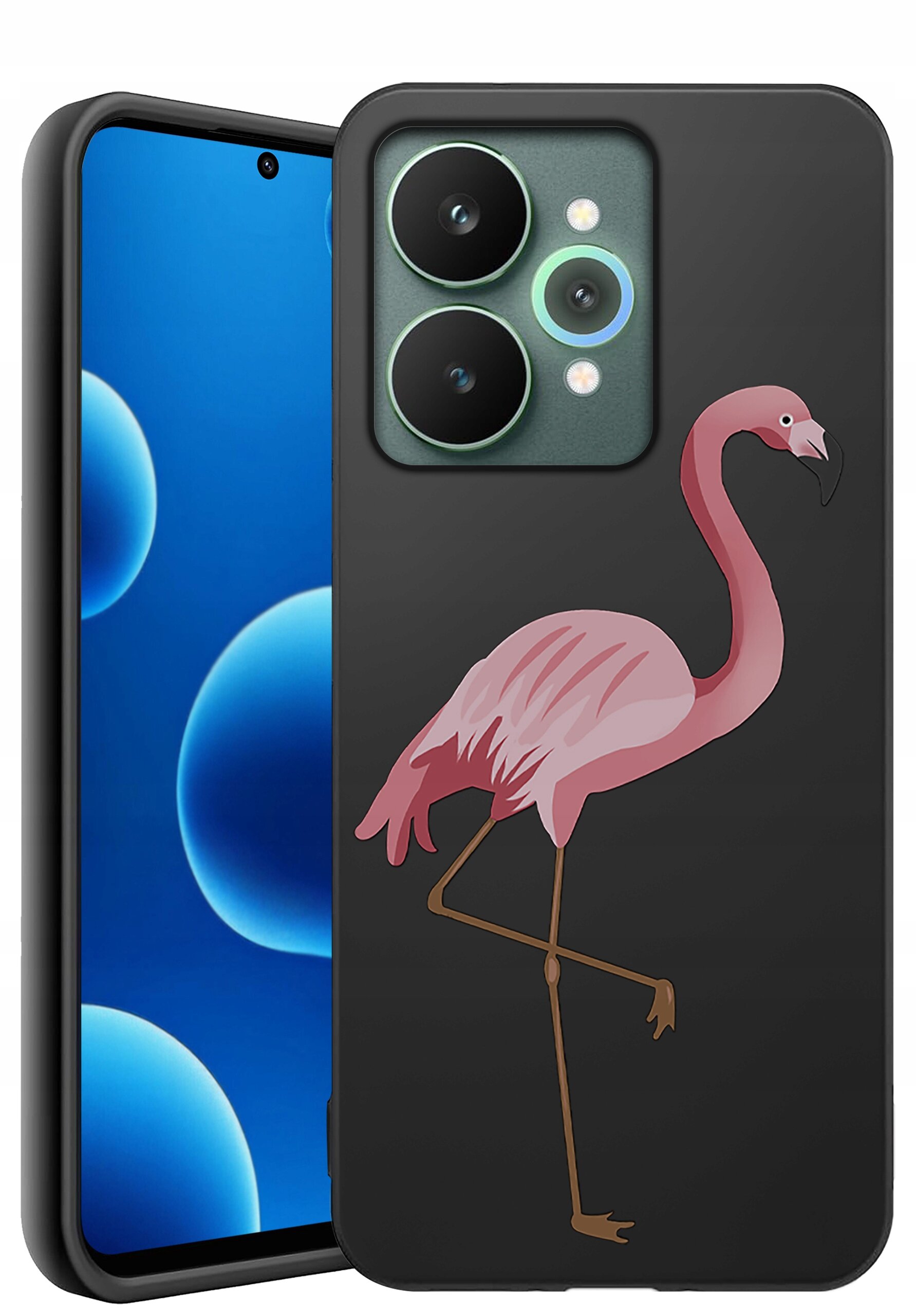 Czarne silikonowe etui na telefon z nadrukiem różowego flaminga. Obok etui widoczny jest telefon z niebieskim ekranem i trzema aparatami z tyłu.