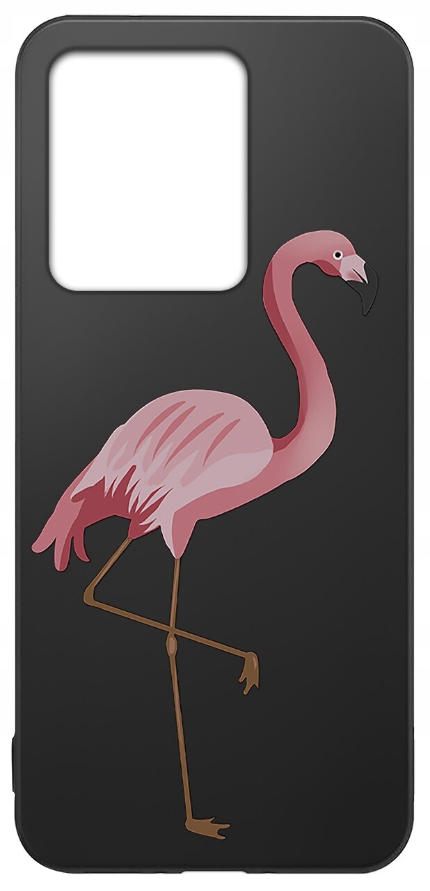 Czarne etui na telefon z nadrukiem różowego flaminga stojącego na jednej nodze. Etui ma duży otwór na aparat w górnej części.