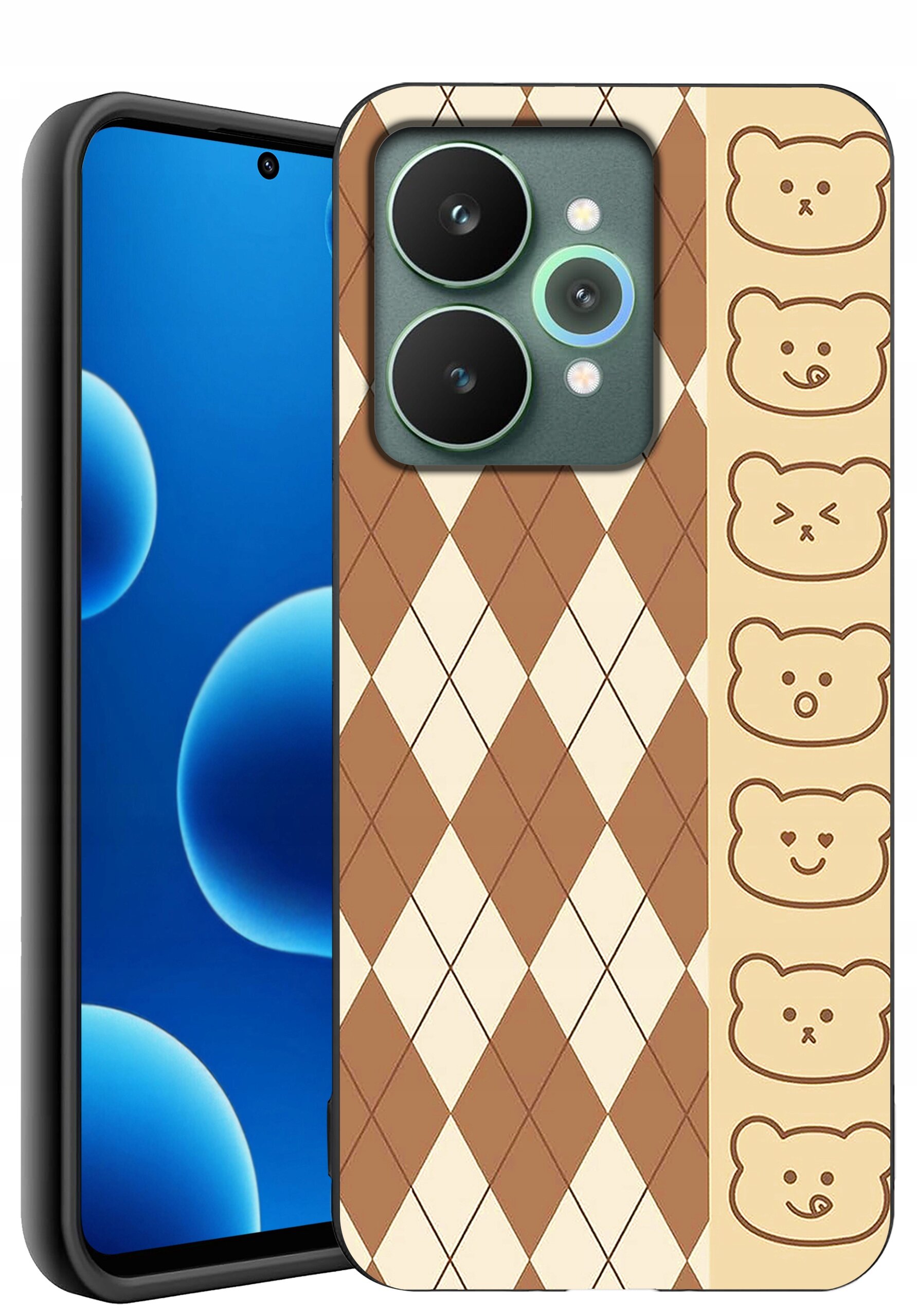 Etui na telefon z wzorem w romby w kolorach brązowym i kremowym oraz rzędem rysunków misiów po boku. Telefon ma ekran z niebieskim tłem i widoczną kamerą przednią.