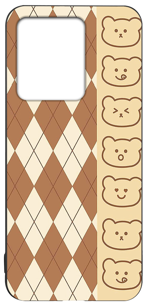 Etui na telefon z wzorem w romby w kolorach brązowym i beżowym oraz rzędem rysunków misiów po jednej stronie.