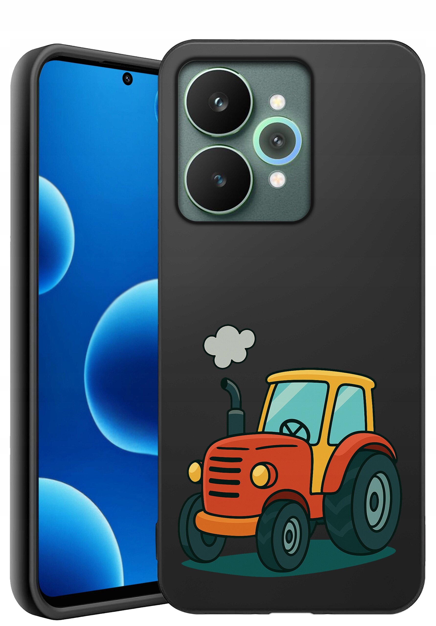 Czarne silikonowe etui na telefon z kolorowym rysunkiem czerwonego traktora z żółtym dachem i niebieskimi szybami. W tle widoczny jest ekran telefonu z niebieskimi bąbelkami na czarnym tle.