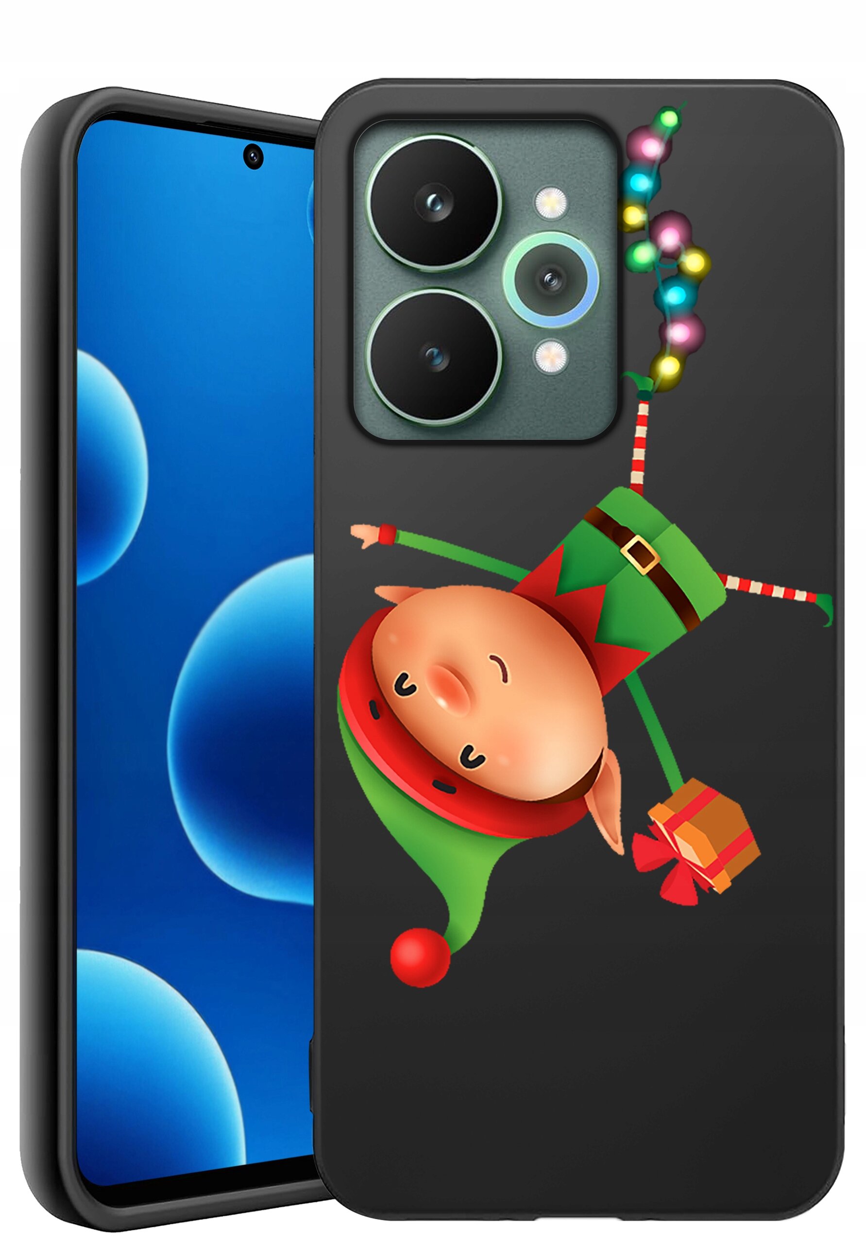 Na etui telefonu znajduje się rysunek elfa w zielono-czerwonym stroju, trzymającego prezent. Tło etui jest czarne, a na ekranie telefonu widoczne są niebieskie bąbelki.