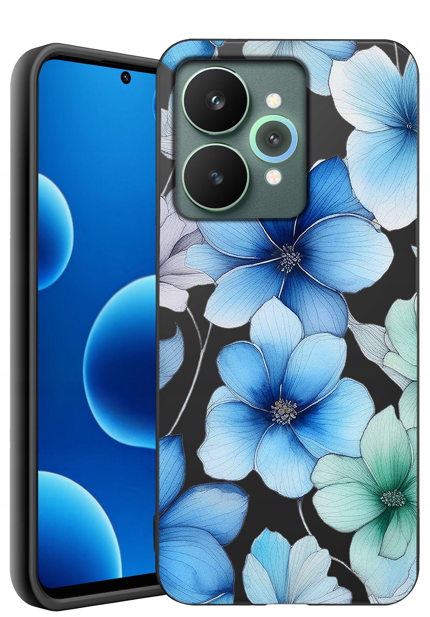 Etui na telefon z wzorem niebieskich i zielonych kwiatów na czarnym tle, z widocznymi trzema aparatami fotograficznymi.