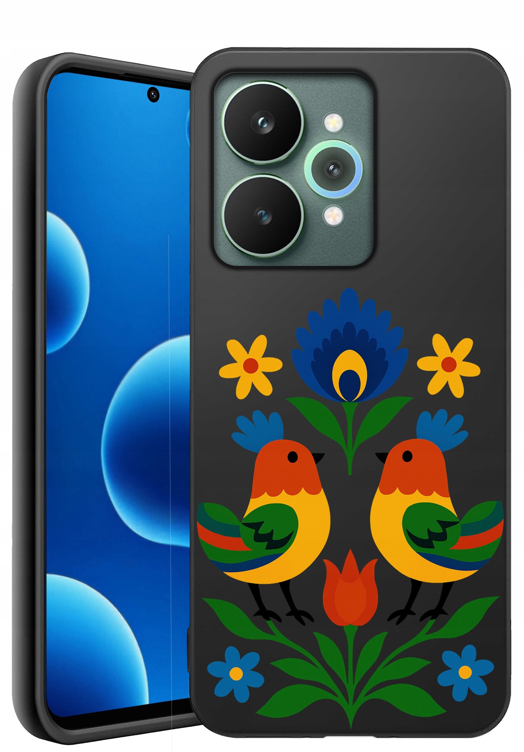 Etui na telefon z kolorowym wzorem przedstawiającym dwa ptaki otoczone kwiatami na czarnym tle. Obok widoczny jest ekran telefonu z niebieskim motywem graficznym.