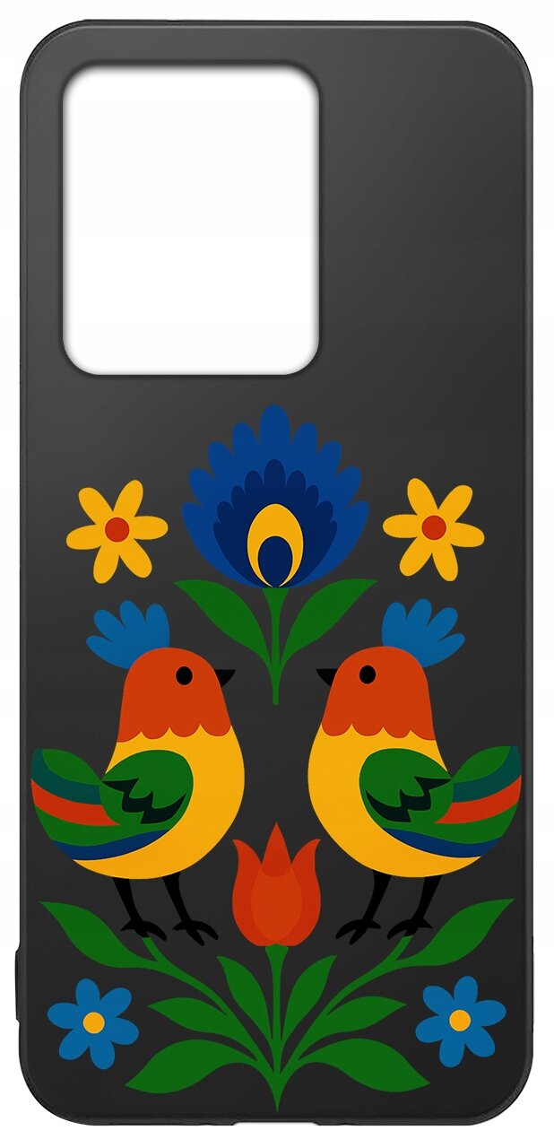 Etui na telefon z kolorowym wzorem przedstawiającym dwa ptaki oraz kwiaty w stylu folkowym na czarnym tle.