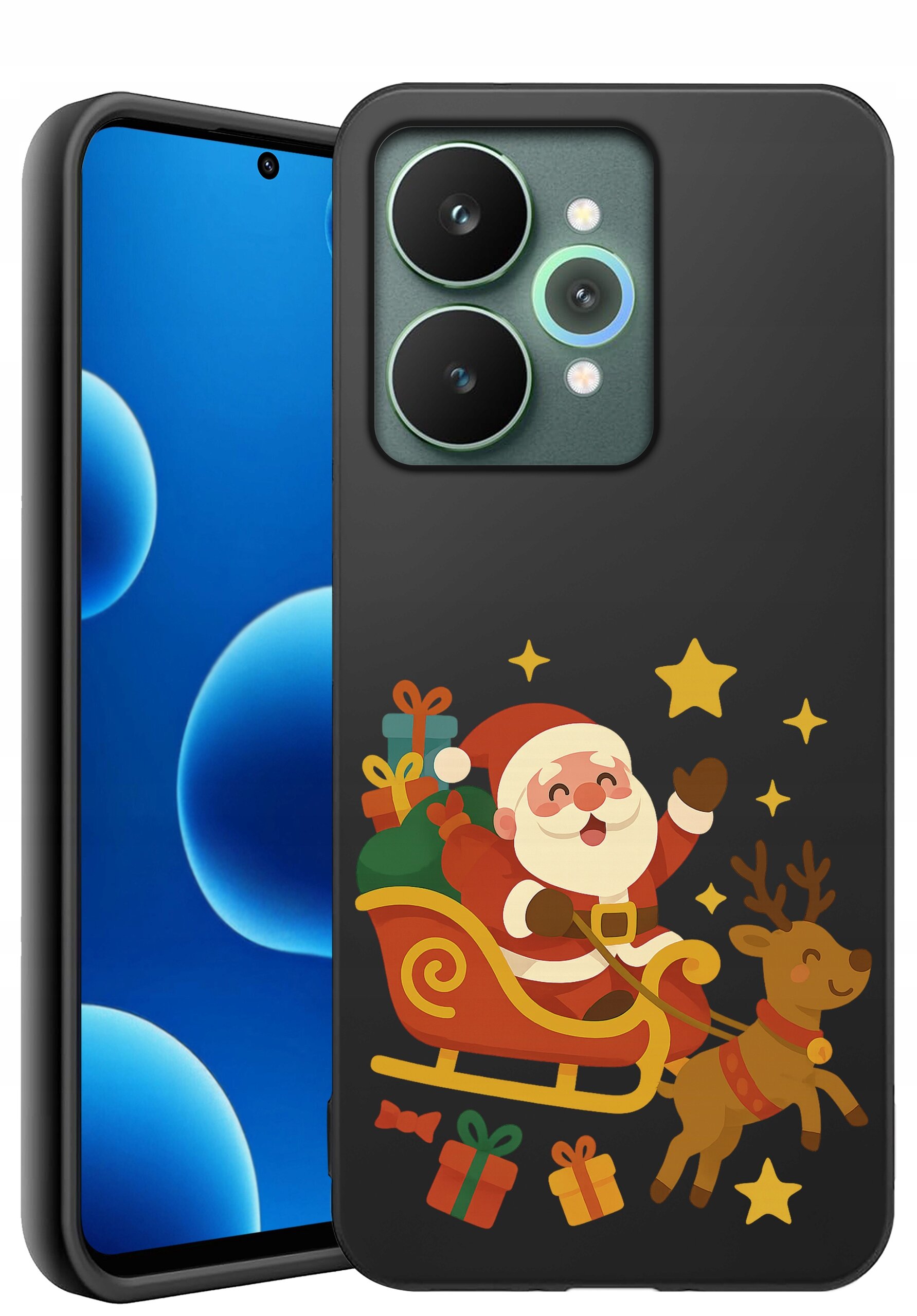 Czarne etui na telefon z grafiką przedstawiającą Mikołaja w saniach ciągniętych przez renifera, otoczonego gwiazdkami i prezentami. Obok etui widoczny jest telefon z niebieskim ekranem i podwójnym aparatem.