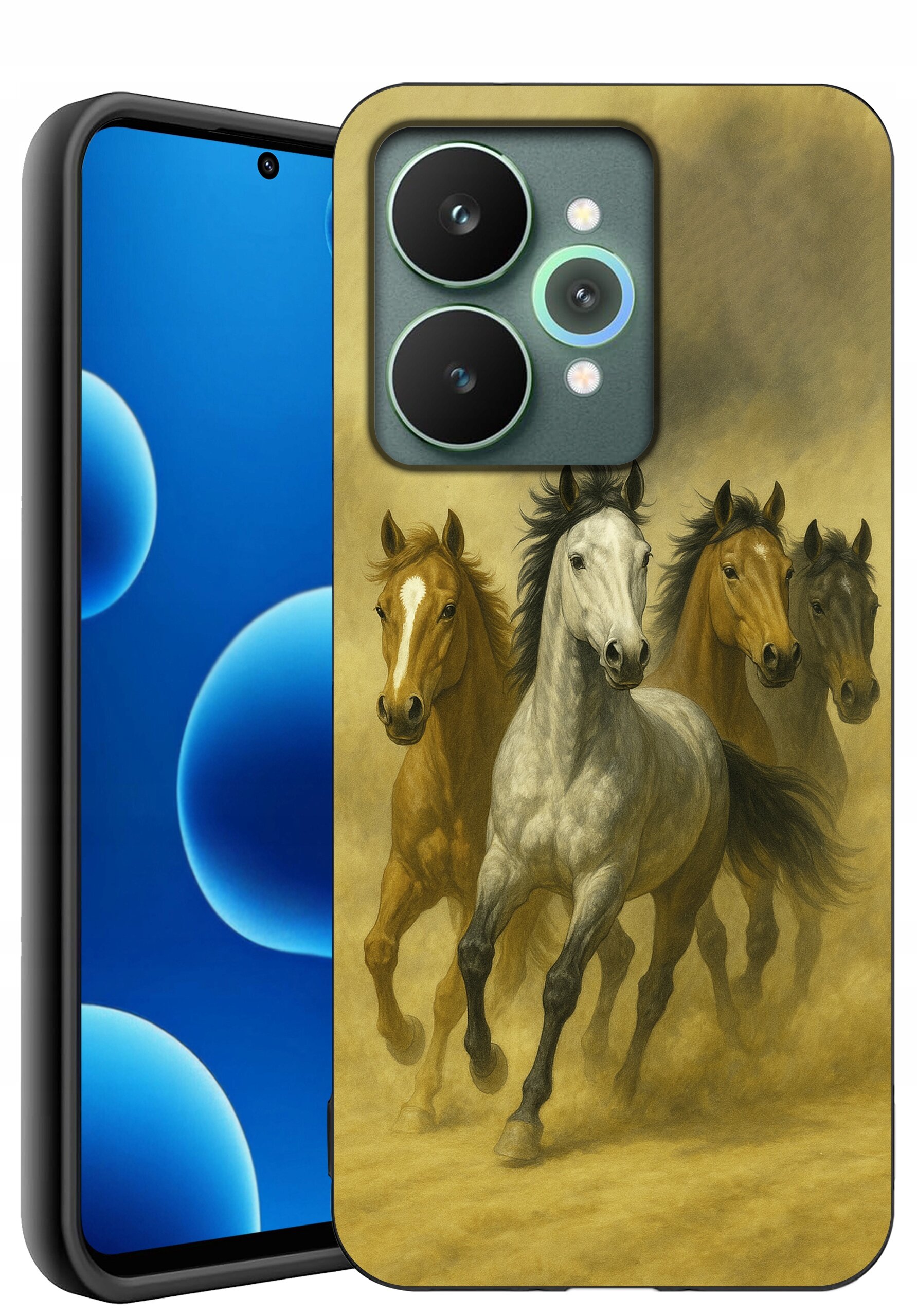 Etui na telefon z nadrukiem galopujących koni, wykonane z matowego silikonu. Obok widoczny jest ekran telefonu z niebieskimi okręgami na czarnym tle.