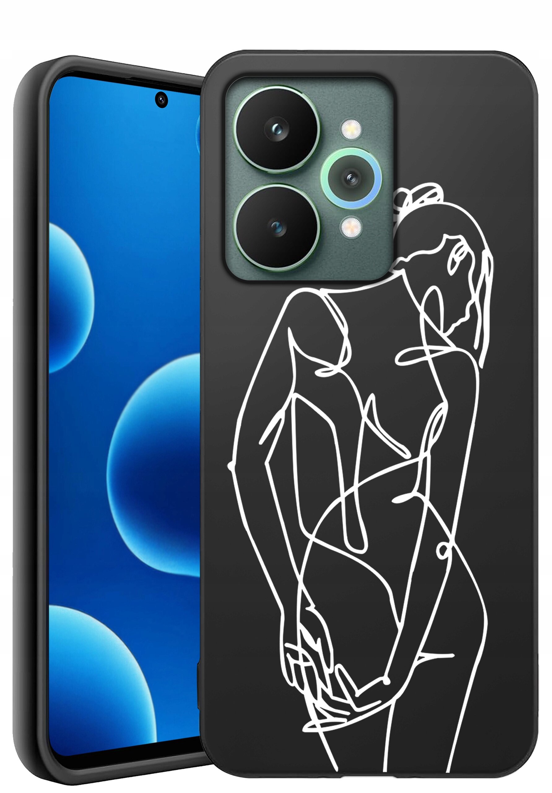 Czarne etui na telefon z białym, abstrakcyjnym rysunkiem sylwetki na tylnej stronie. Obok etui widoczny jest telefon z niebieskim ekranem i trzema aparatami z tyłu.