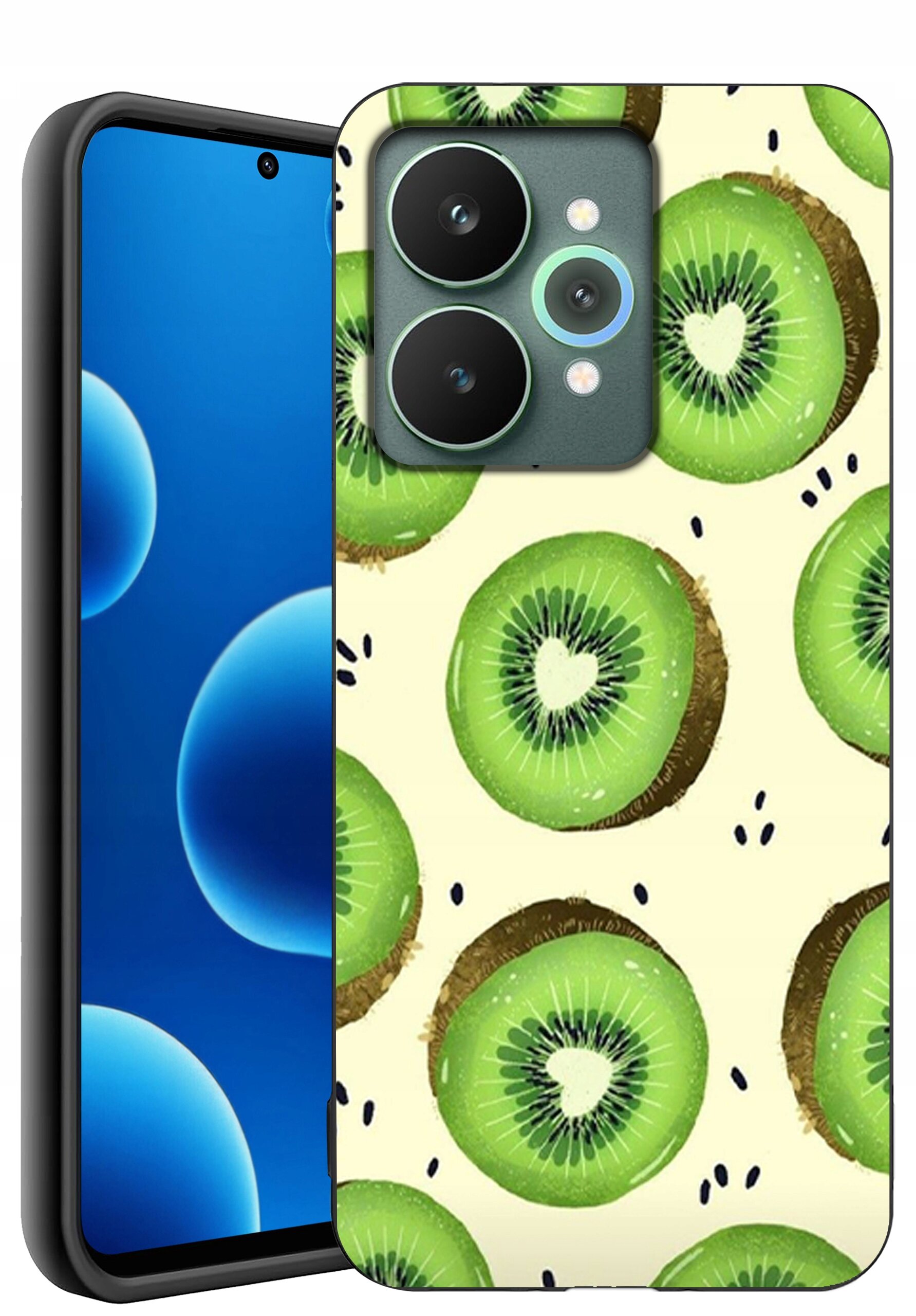 Etui na telefon z wzorem przedstawiającym plasterki kiwi na jasnym tle. Obok widoczny jest telefon z ekranem wyświetlającym niebieskie okręgi.