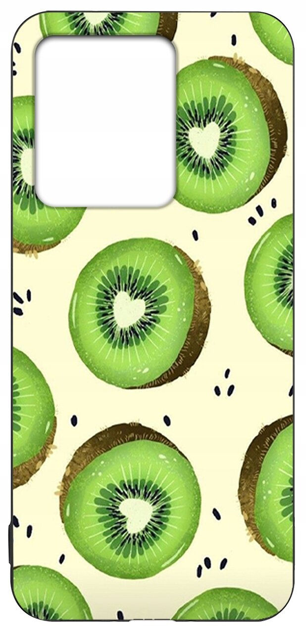Etui na telefon z wzorem przedstawiającym plasterki kiwi na jasnym tle. W górnej części znajduje się wycięcie na aparat.