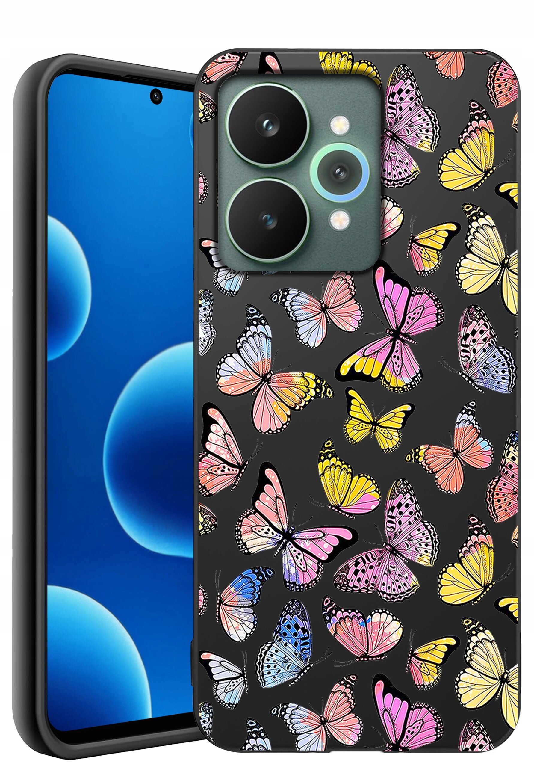 Etui na telefon z kolorowym wzorem motyli na czarnym tle, z widocznymi trzema obiektywami aparatu. Ekran telefonu pokazuje niebieskie okręgi na ciemnym tle.