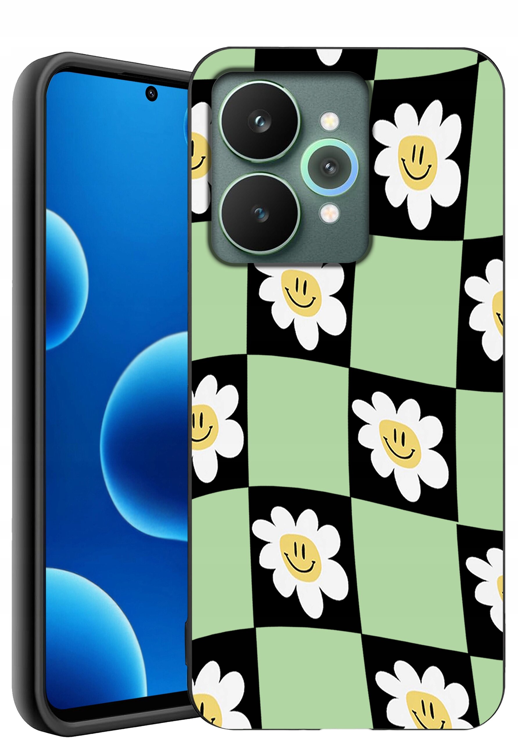 Etui na telefon z wzorem w kratkę, gdzie na zielonych i czarnych polach znajdują się białe kwiaty z uśmiechniętymi buźkami. Obok etui widoczny jest telefon z niebieskim ekranem.