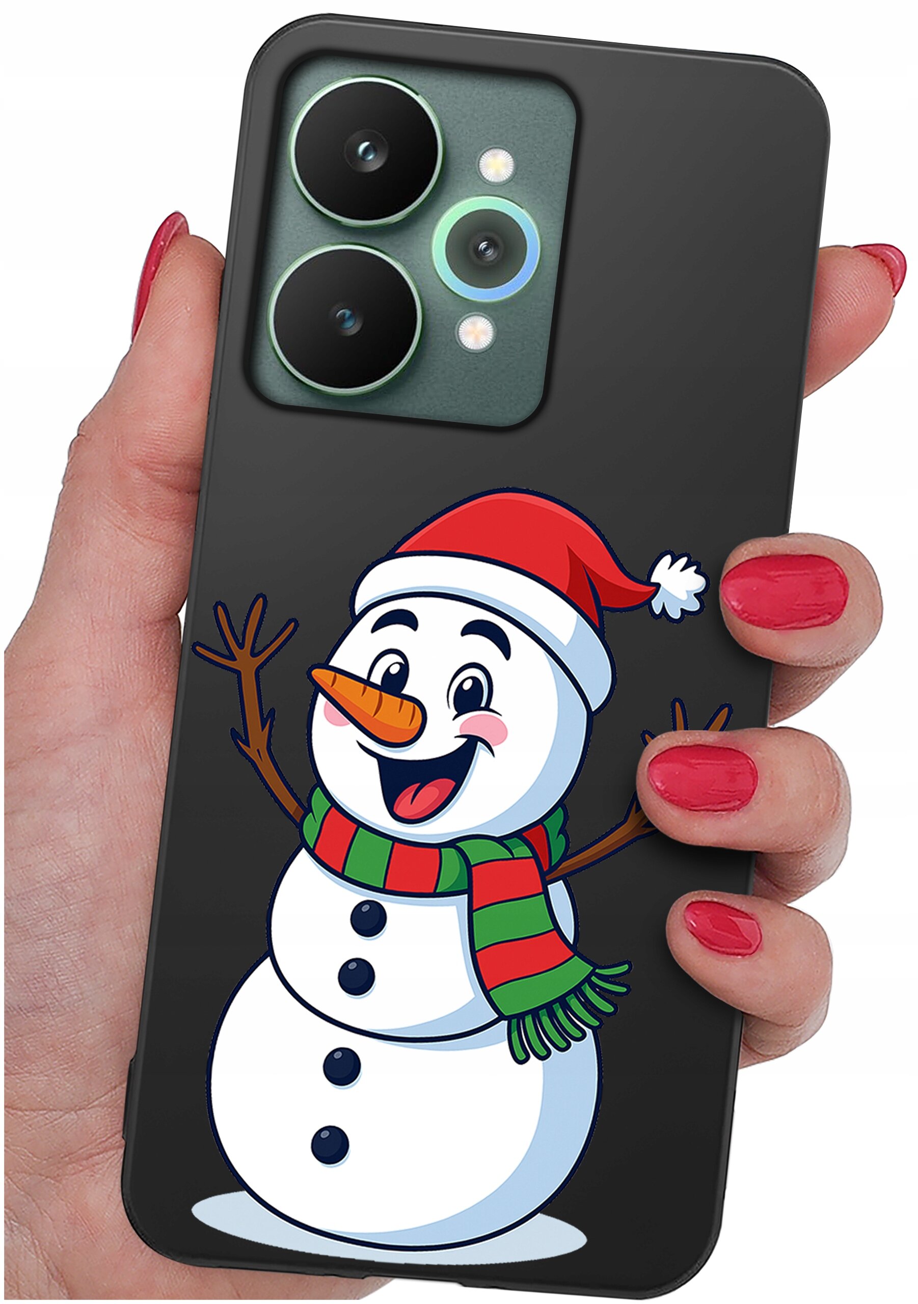 Etui na telefon z grafiką uśmiechniętego bałwana w czerwonej czapce i szaliku, trzymane w dłoni z pomalowanymi na czerwono paznokciami. Etui ma wycięcia na dwa duże obiektywy aparatu i mniejsze elementy.