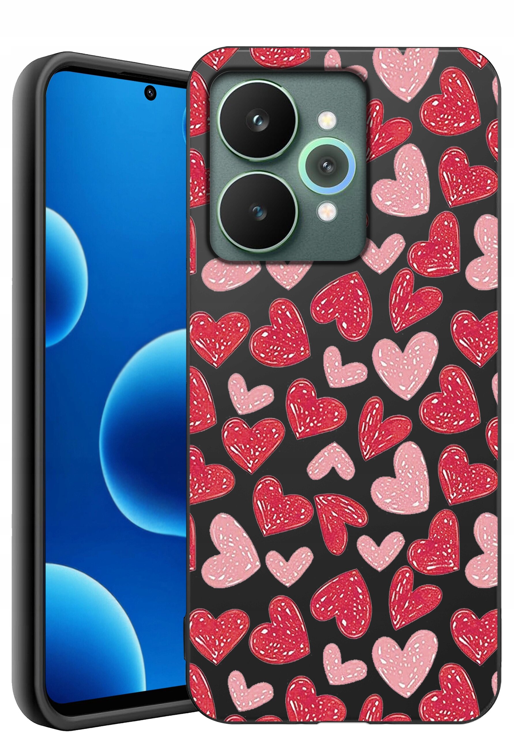 Etui na telefon z wzorem czerwonych i różowych serc na czarnym tle, z widocznymi trzema obiektywami aparatu. Obok etui znajduje się telefon z niebieskim ekranem i okrągłym wycięciem na kamerę.