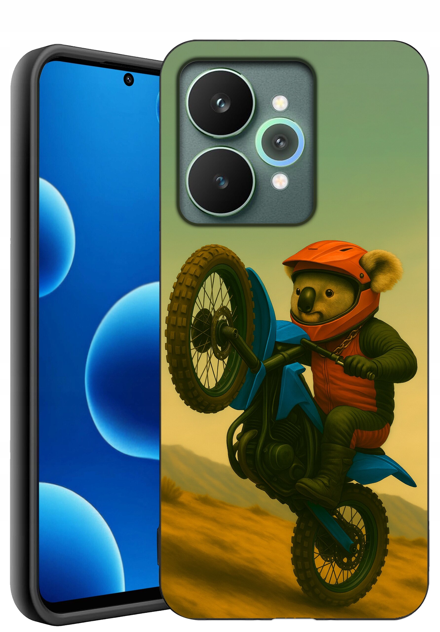 Etui na telefon z grafiką przedstawiającą koalę w kasku na motocyklu. Telefon obok etui ma niebieski ekran z okrągłymi kształtami.