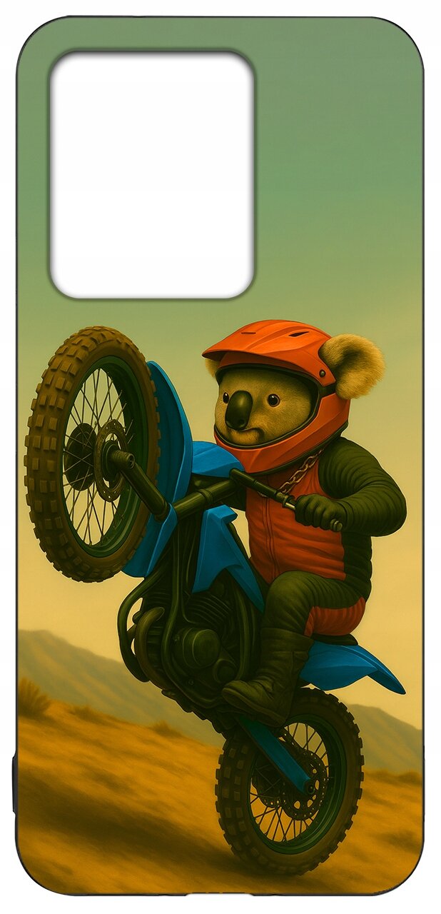 Etui przedstawia misia koalę w czerwonym kasku, jadącego na niebieskim motocyklu na tle pustynnego krajobrazu.