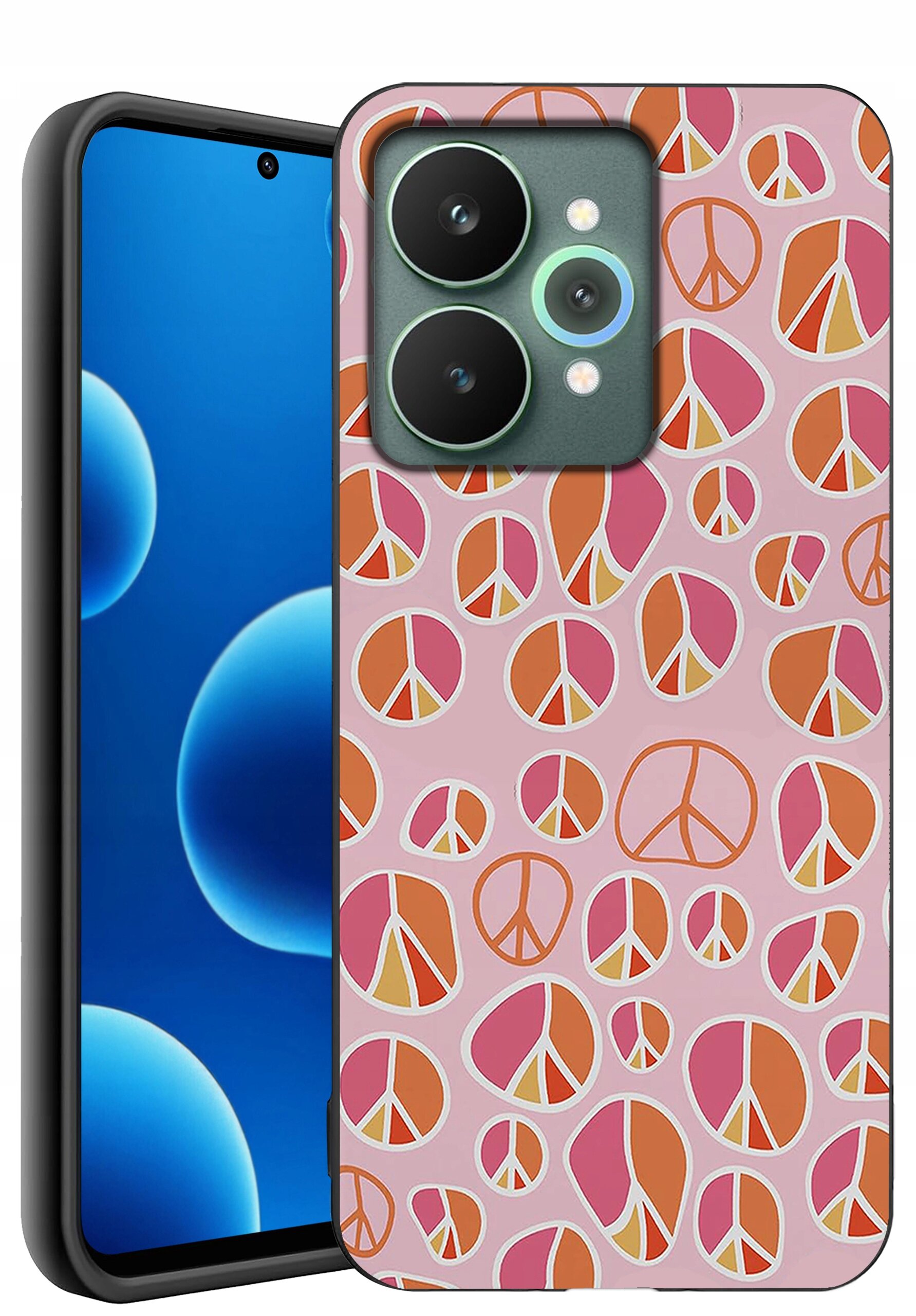 Etui na telefon z wzorem symboli pokoju w odcieniach różu i pomarańczu na różowym tle. Telefon ma ekran z niebieskimi bąbelkami i widoczną przednią kamerą.
