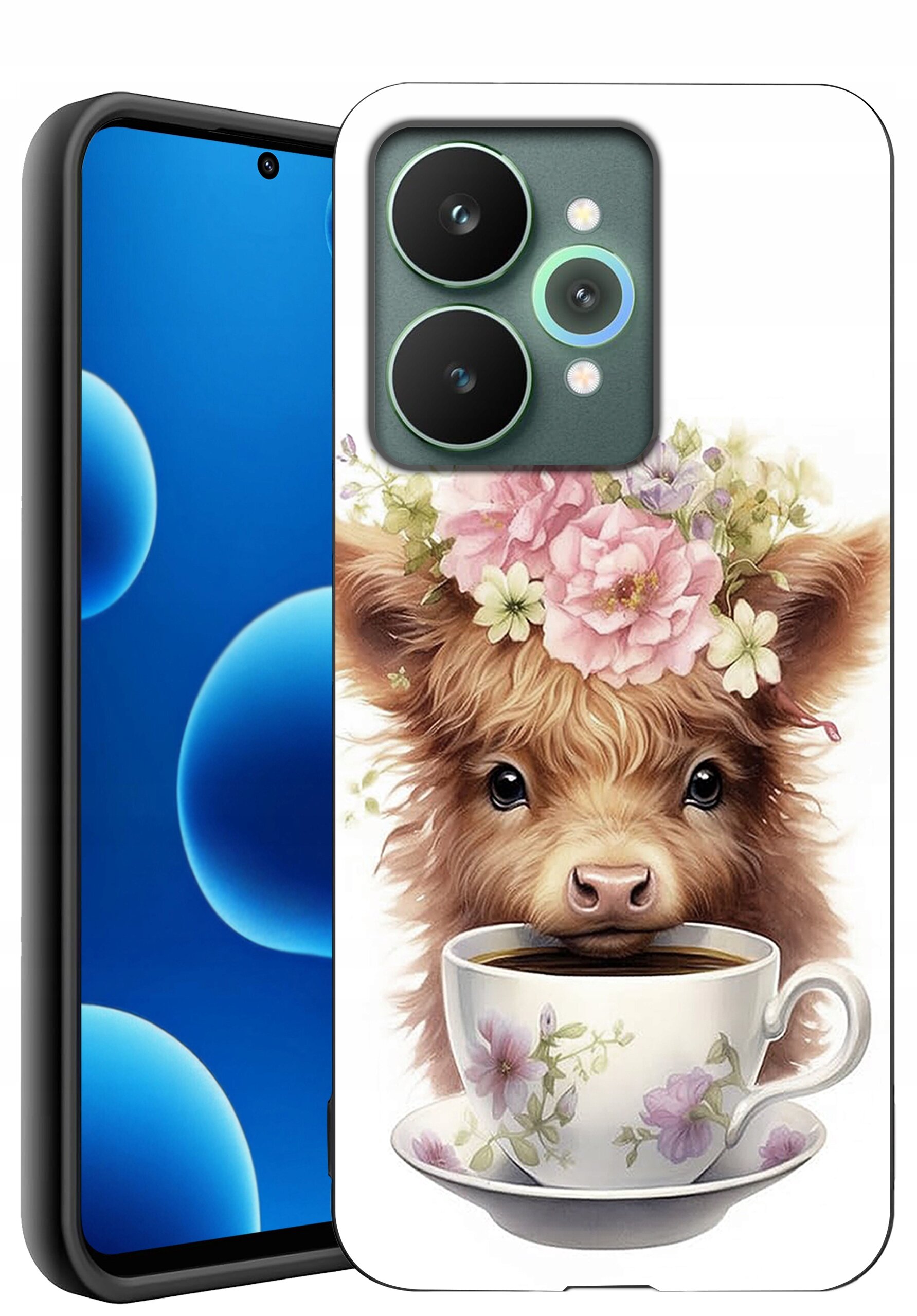 Etui na telefon z nadrukiem przedstawiającym urocze zwierzę z kwiatami na głowie, patrzące znad filiżanki z napojem. Obok widoczny jest fragment telefonu z wyświetlaczem pokazującym niebieskie okręgi na ciemnym tle.