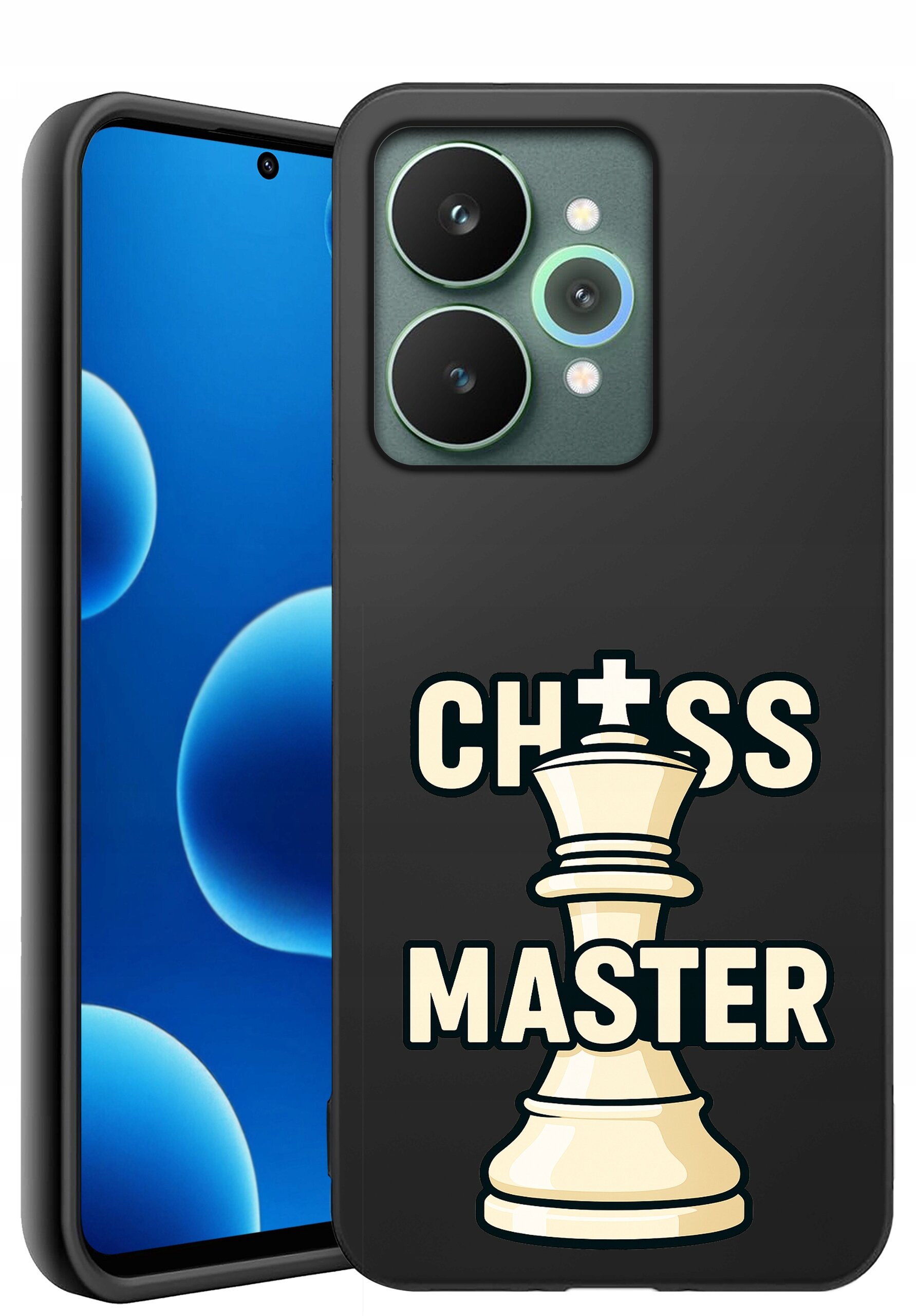 Czarne silikonowe etui z napisem \'CHESS MASTER\' i grafiką białej figury szachowej. Obok widoczny jest telefon z niebieskim ekranem i podwójnym aparatem.
