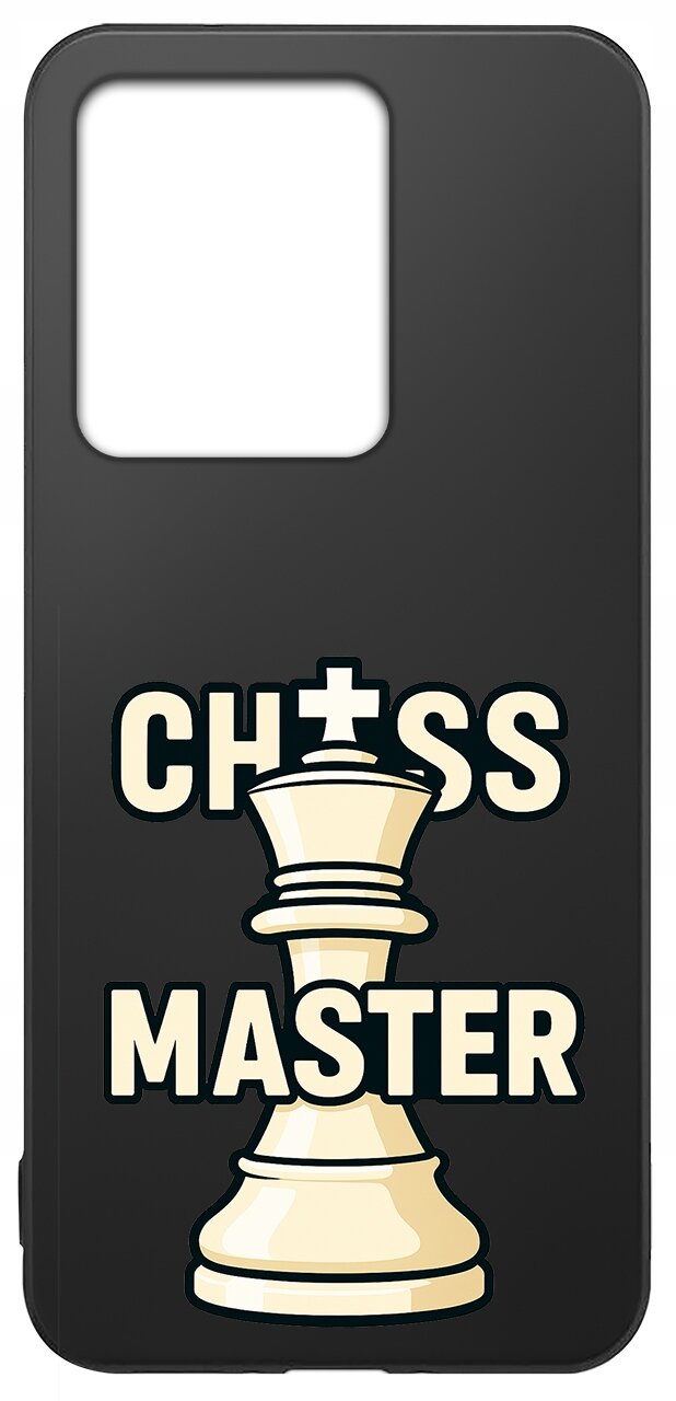 Czarne etui na telefon z dużym otworem na aparat, ozdobione grafiką przedstawiającą białą figurę szachową oraz napisem \'CHESS MASTER\'.