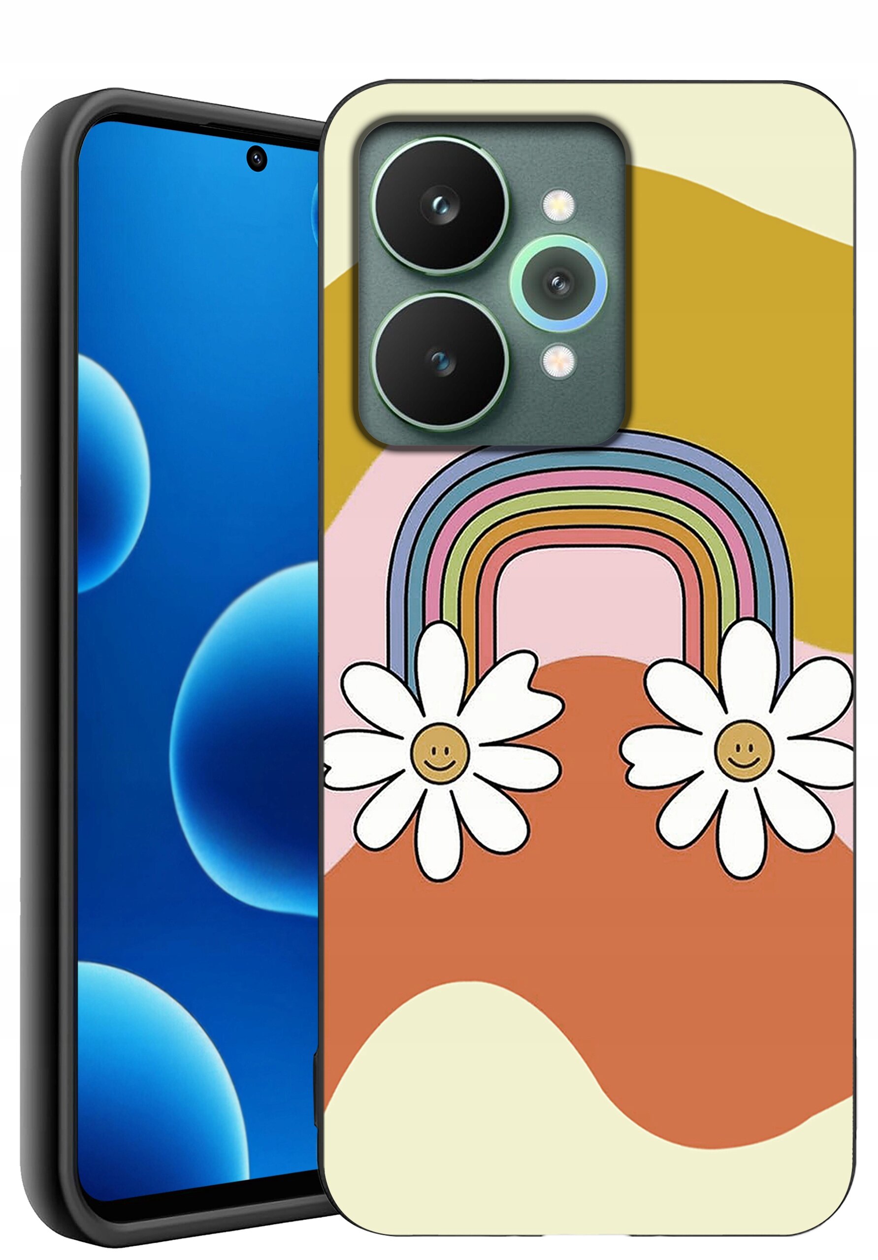 Etui na telefon z kolorowym wzorem tęczy i dwoma białymi kwiatami z uśmiechniętymi buźkami na tle w odcieniach beżu, różu i pomarańczu. Telefon ma czarną ramkę i wyświetlacz z niebieskimi bąbelkami.