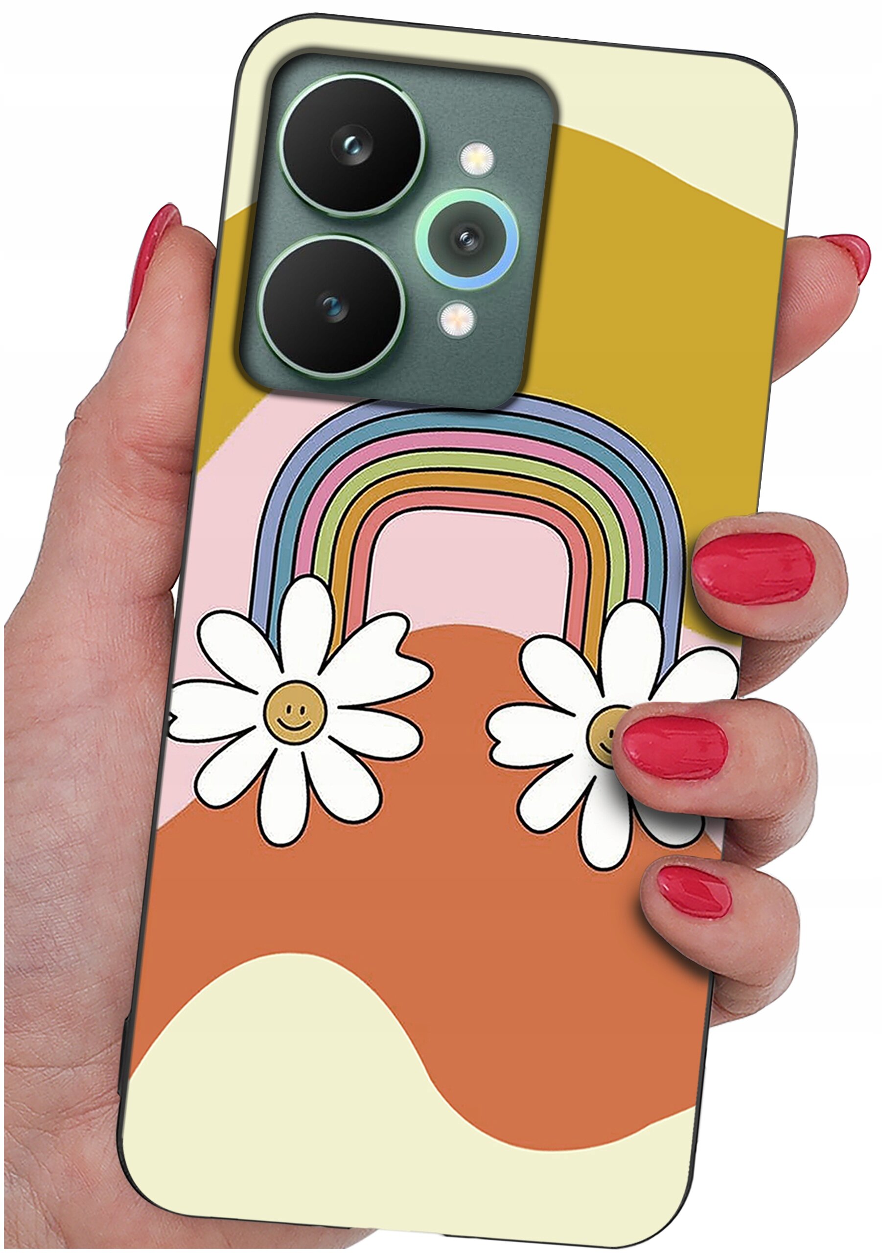Etui na telefon z kolorowym wzorem tęczy i dwoma kwiatami z uśmiechniętymi buźkami. Etui jest trzymane w dłoni z pomalowanymi na czerwono paznokciami.