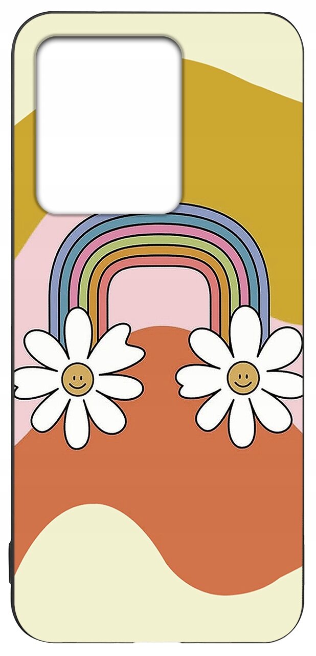 Etui na telefon z kolorowym wzorem tęczy i dwoma uśmiechniętymi kwiatami na tle w odcieniach żółci, różu i pomarańczu.
