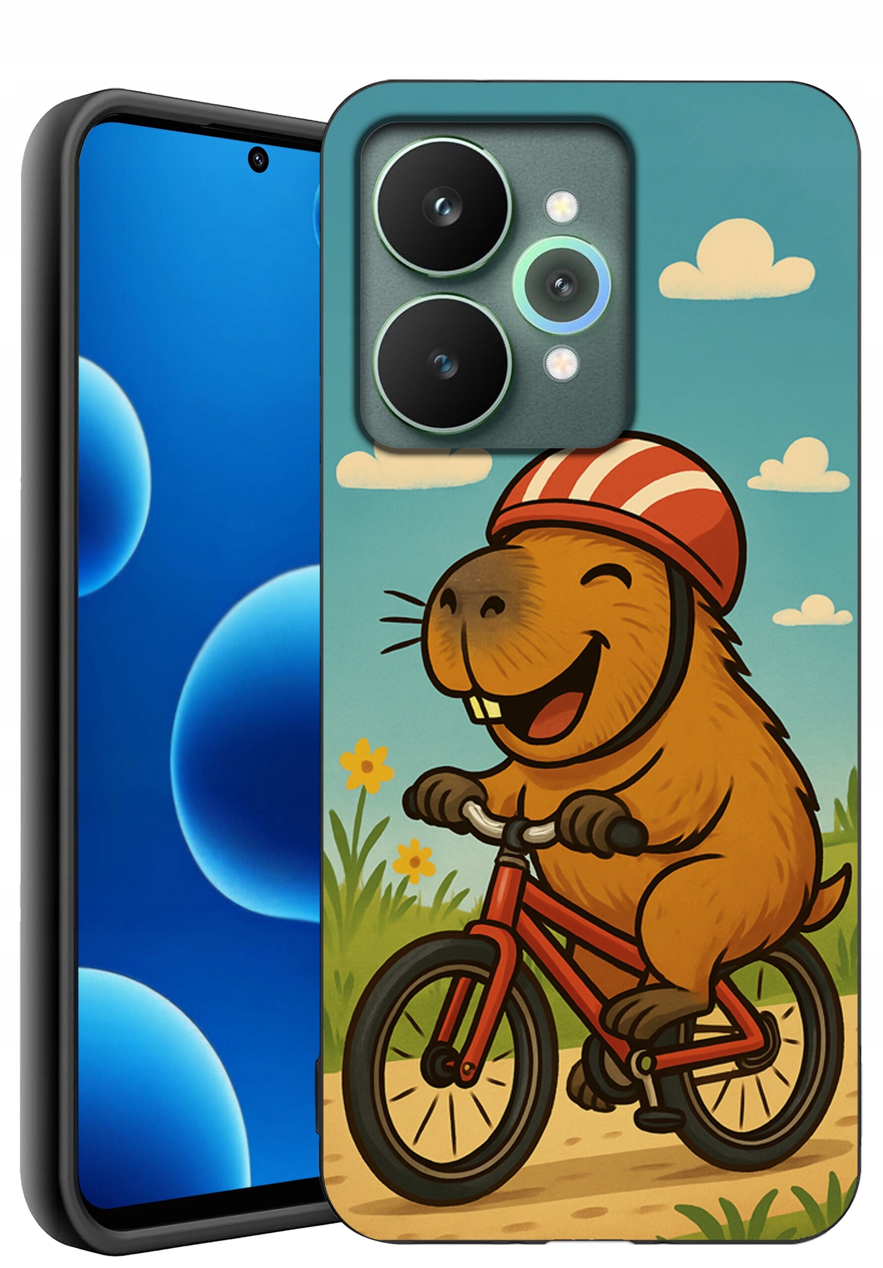Etui na telefon z kolorowym nadrukiem przedstawiającym uśmiechniętego zwierzęcia na rowerze w kasku, na tle nieba z chmurkami i kwiatami. Obok widoczny jest telefon z wyświetlaczem pokazującym niebieskie okręgi.