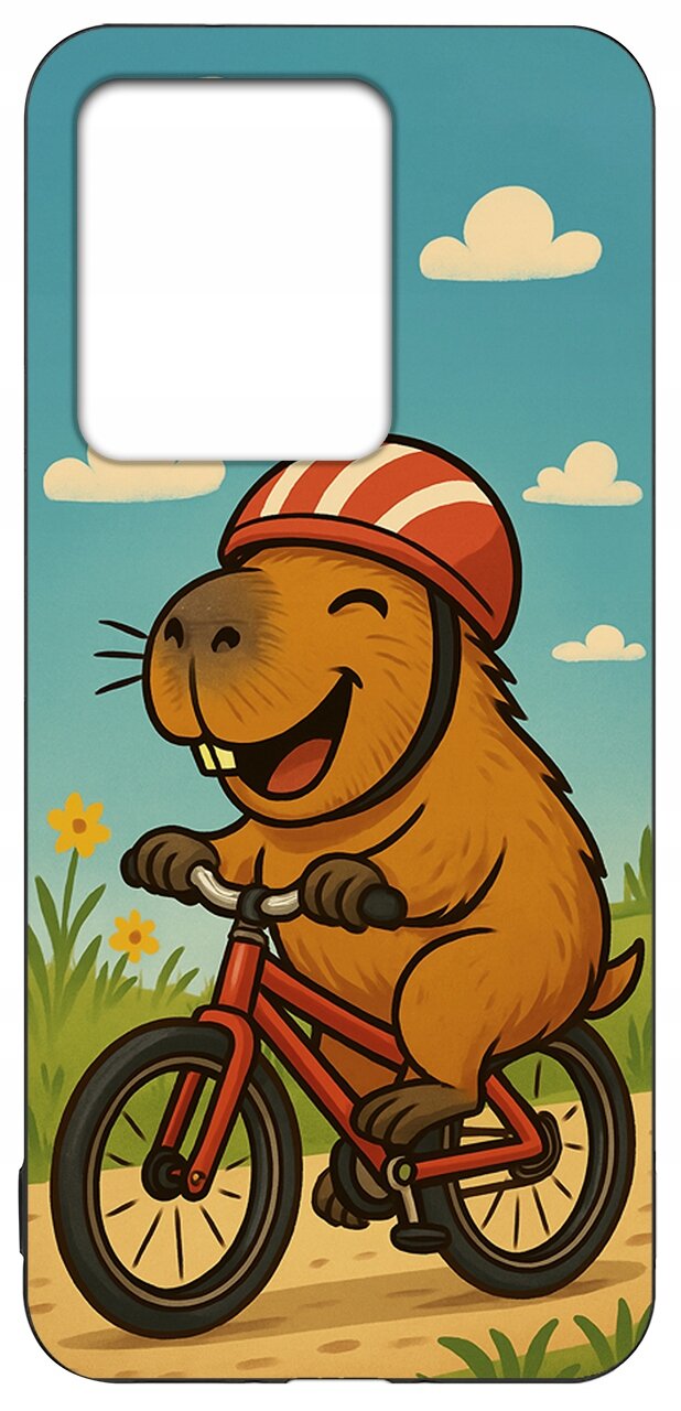 Etui na telefon z ilustracją uśmiechniętego zwierzęcia na rowerze w czerwonym kasku, na tle nieba z chmurkami i roślinności.