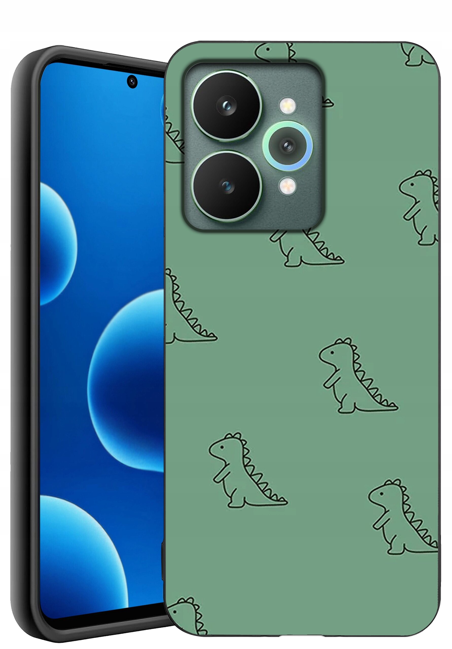 Etui na telefon z zielonym tłem i wzorem małych dinozaurów. Obok widoczny jest telefon z wyświetlaczem pokazującym niebieskie okręgi.
