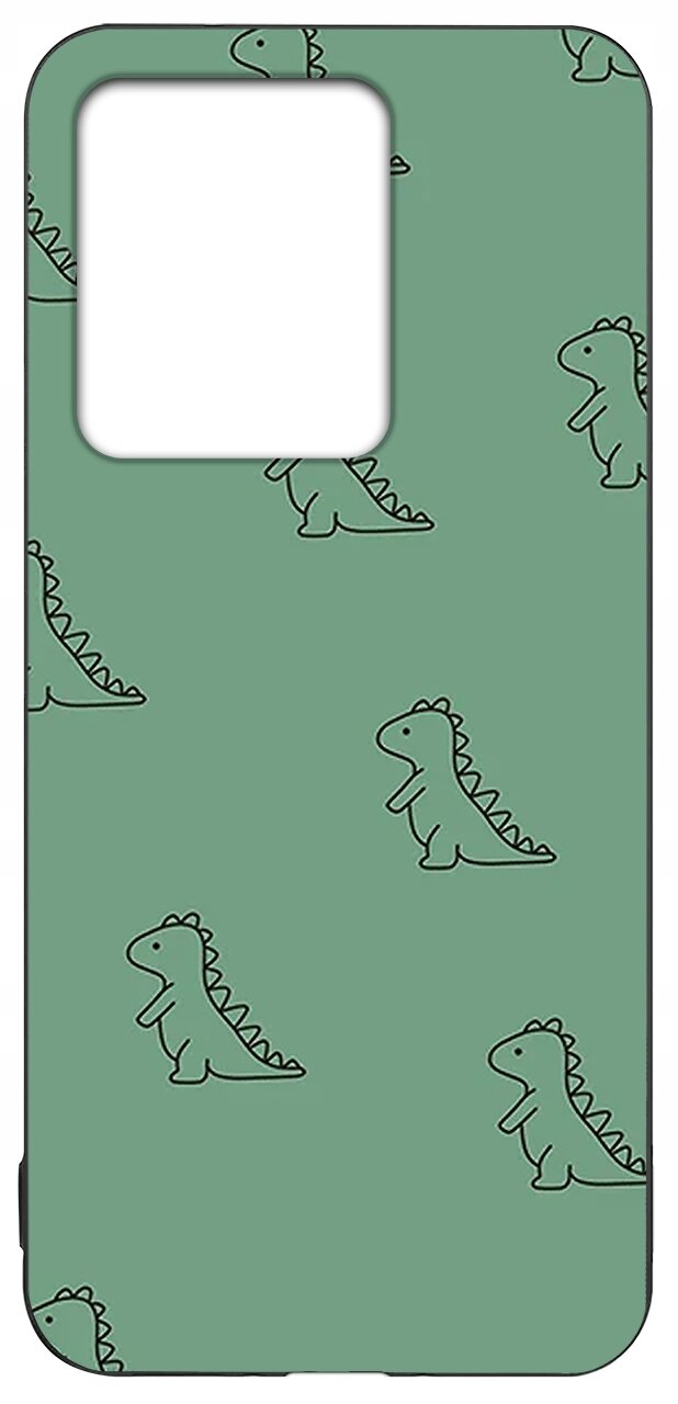 Zielone etui na telefon z wzorem przedstawiającym małe, czarne dinozaury rozmieszczone na całej powierzchni. Etui ma wycięcie na aparat w górnej części.