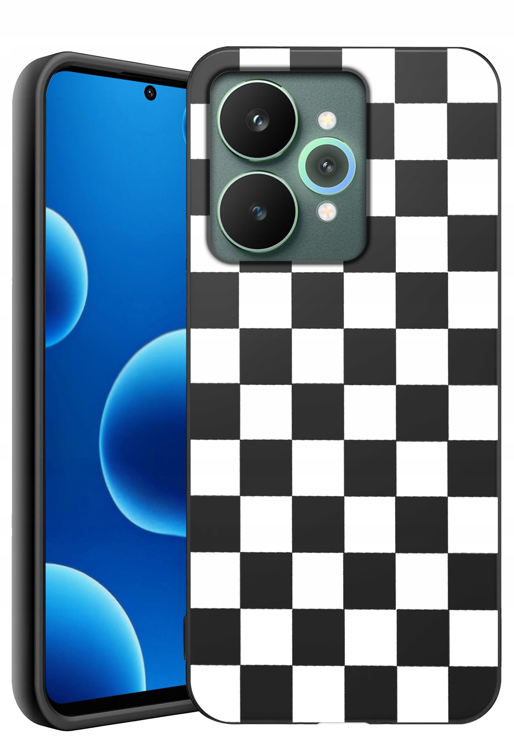 Obraz przedstawia telefon z etui w czarno-białą szachownicę. Na ekranie telefonu widoczne są niebieskie okręgi na ciemnym tle.