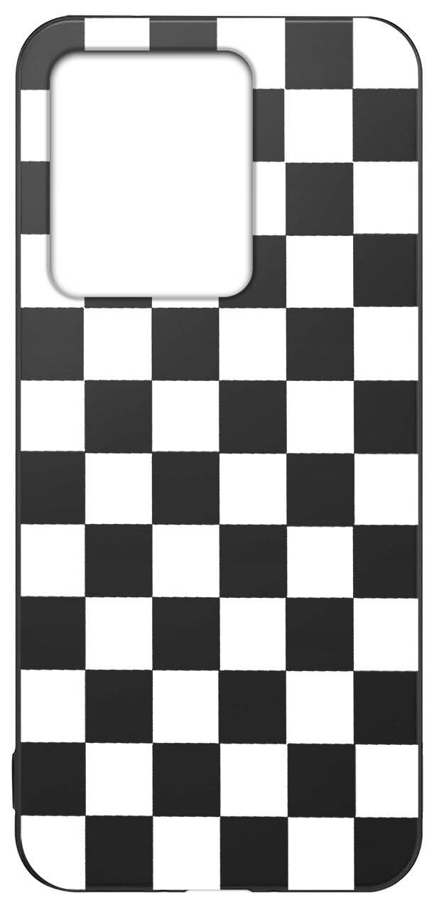 Etui na telefon z wzorem szachownicy w czarno-białych kolorach, z dużym otworem na aparat.