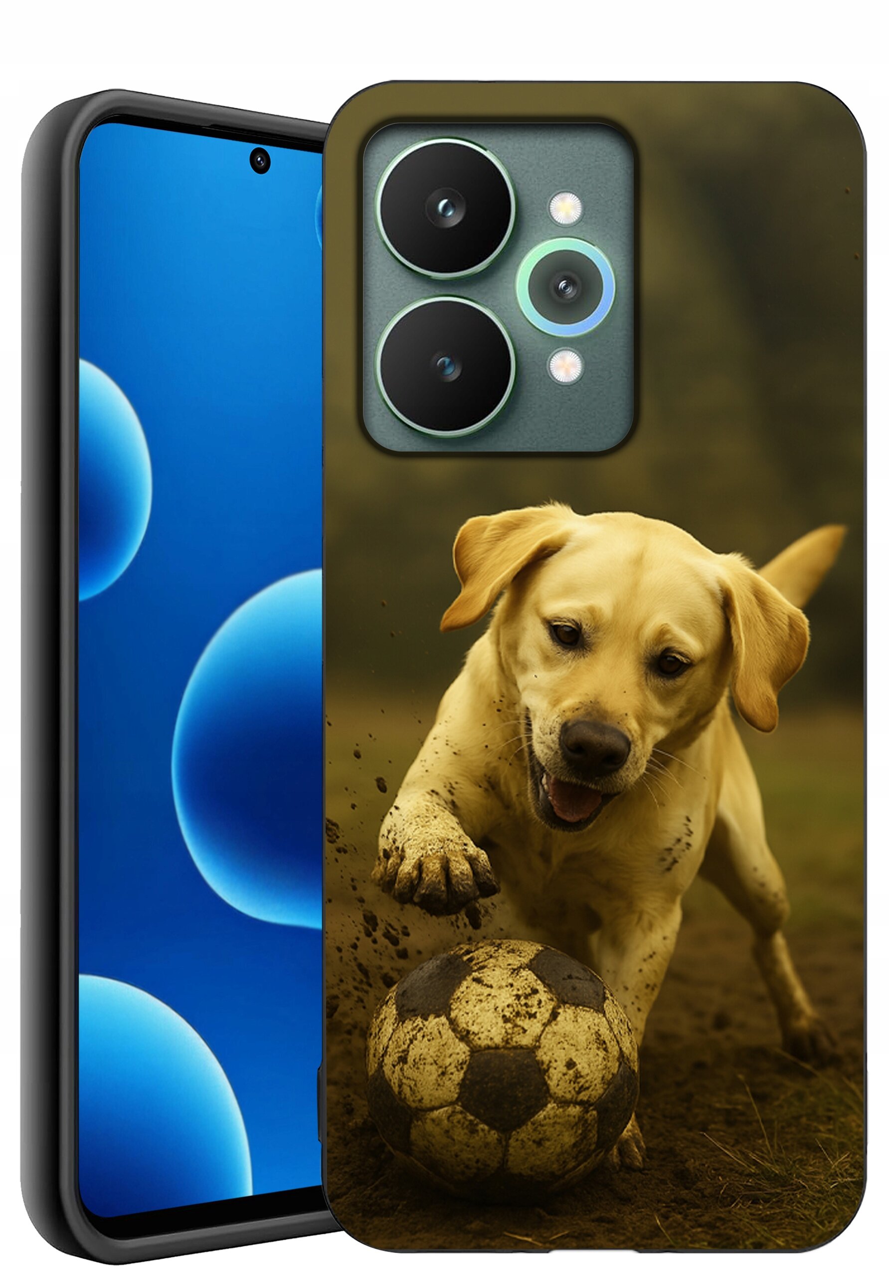 Etui na telefon z nadrukiem psa bawiącego się piłką na tle przyrody. Obok widoczny jest telefon z wyświetlaczem pokazującym niebieskie okręgi na czarnym tle.
