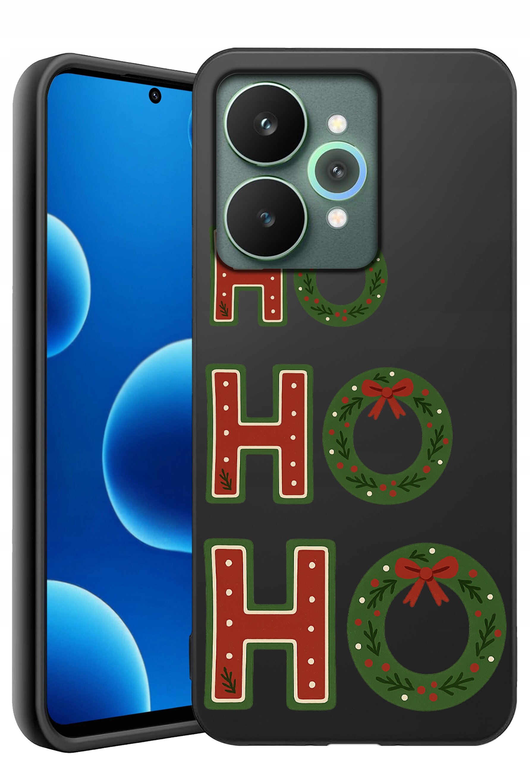 Etui na telefon z napisem \'HO HO HO\', gdzie litery \'O\' są zastąpione zielonymi wieńcami z czerwonymi kokardkami. Telefon ma niebieski ekran z widocznymi ikonami aplikacji.