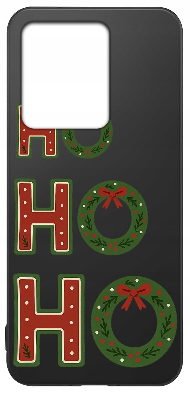 Czarne etui z napisem \'HO HO HO\', gdzie litery \'O\' są zastąpione zielonymi wieńcami z czerwonymi kokardkami.