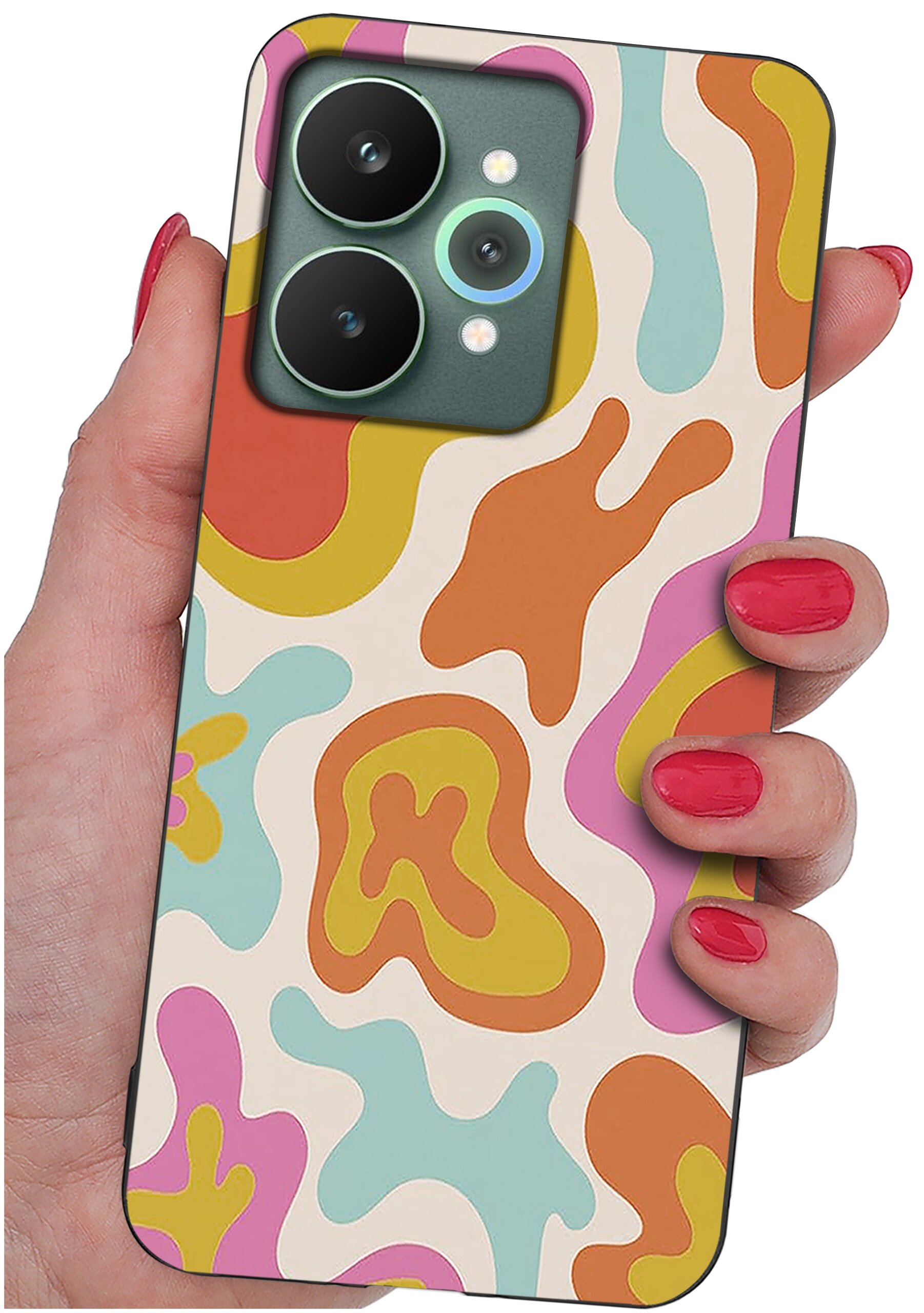 Etui na telefon z kolorowym, abstrakcyjnym wzorem w odcieniach pomarańczowego, różowego, niebieskiego i żółtego. Trzymane w dłoni z pomalowanymi na czerwono paznokciami.
