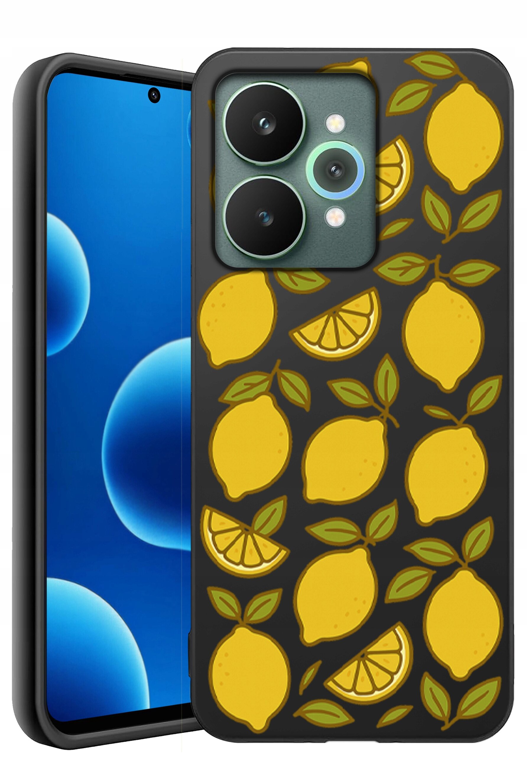 Etui na telefon z wzorem żółtych cytryn i liści na ciemnym tle. Obok widoczny jest telefon z niebieskim ekranem.