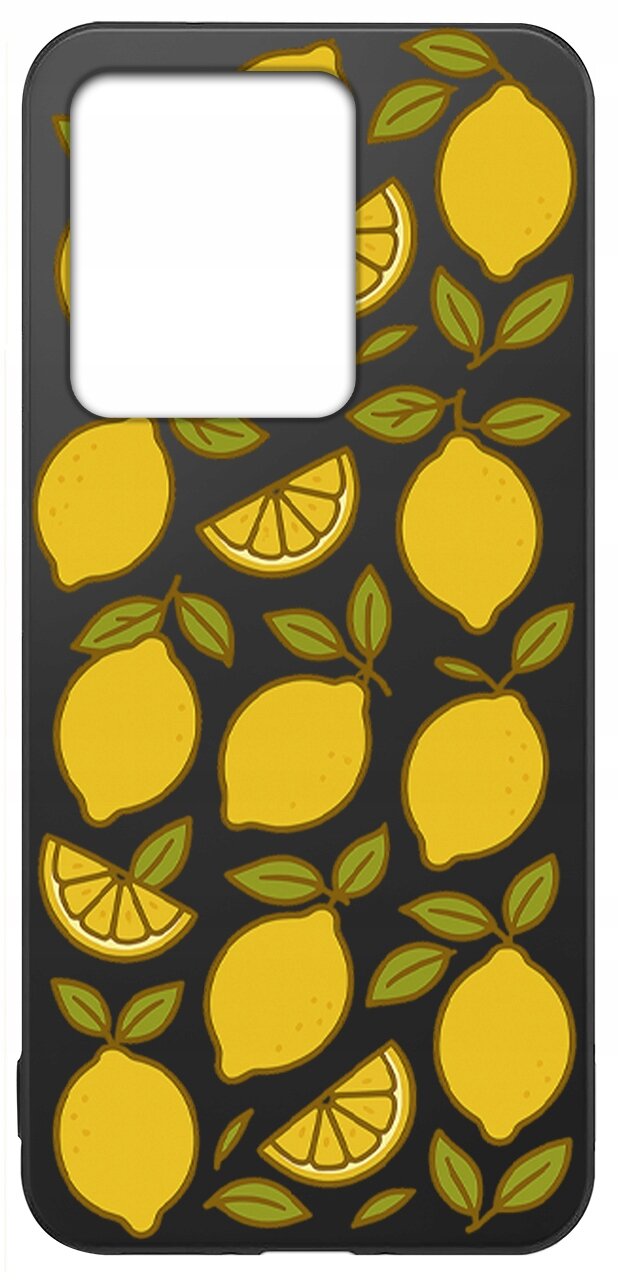 Etui na telefon z wzorem cytryn i liści na czarnym tle, z dużym otworem na aparat.