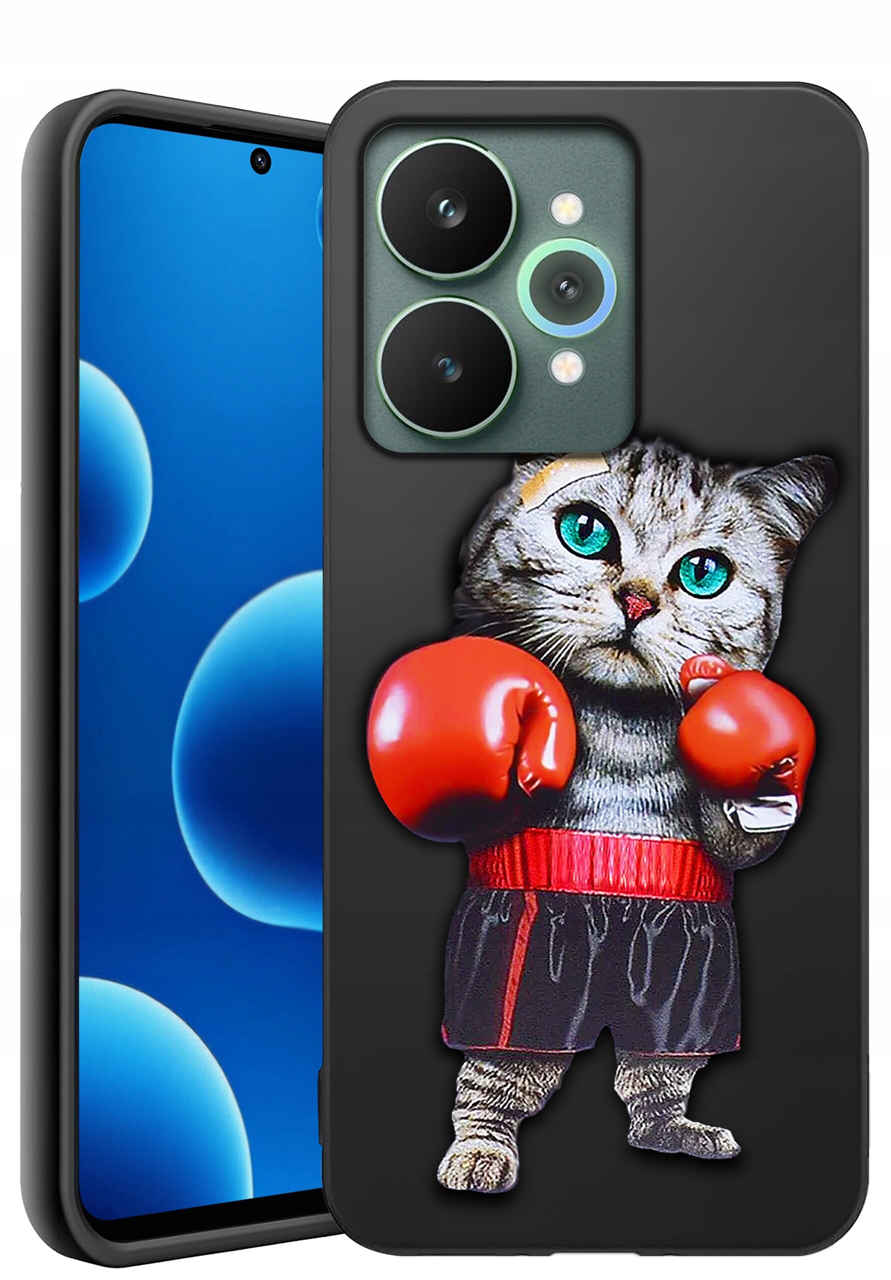 Etui na telefon z grafiką kota w czerwonych rękawicach bokserskich i czarnych spodenkach. Obok widoczny jest telefon z niebieskim ekranem i trzema aparatami.